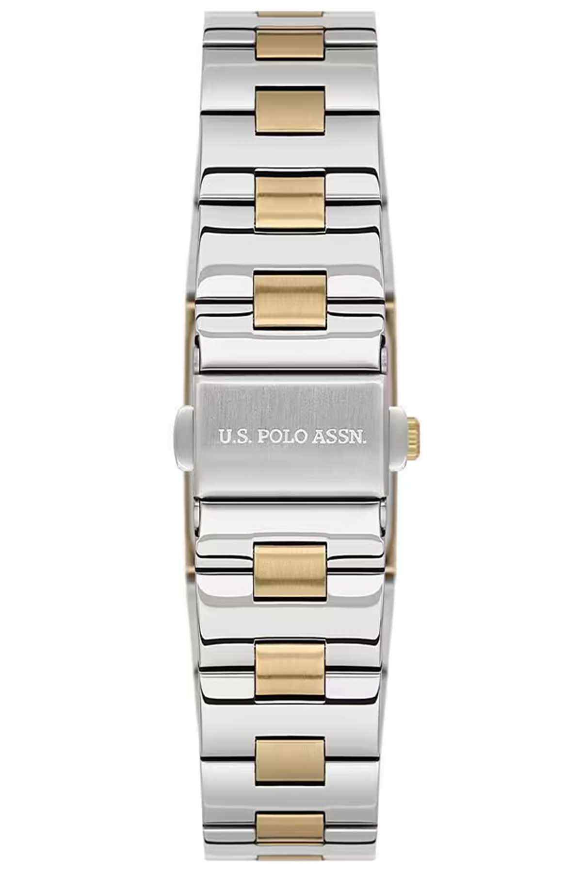 Two-tone metal wristwatch with green dial and gold Roman numerals, front view
