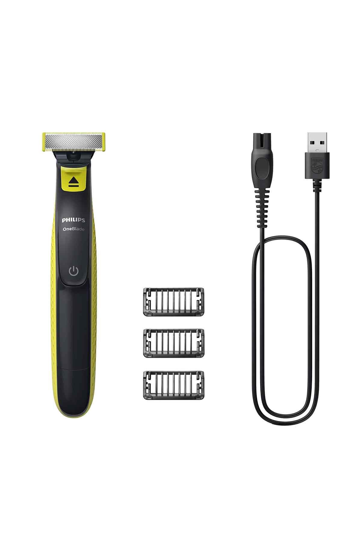 PHILIPS black electric trimmer, three combs, and USB charging cable