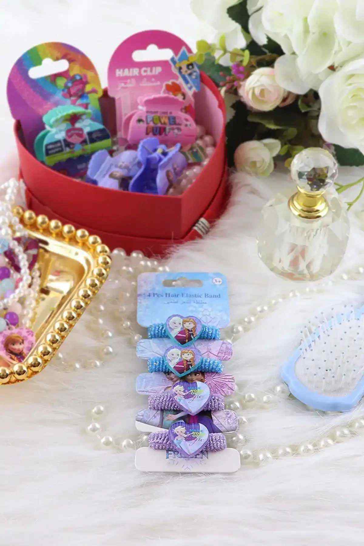 Disney Frozen hair elastic bands with heart charm, blue and purple bows