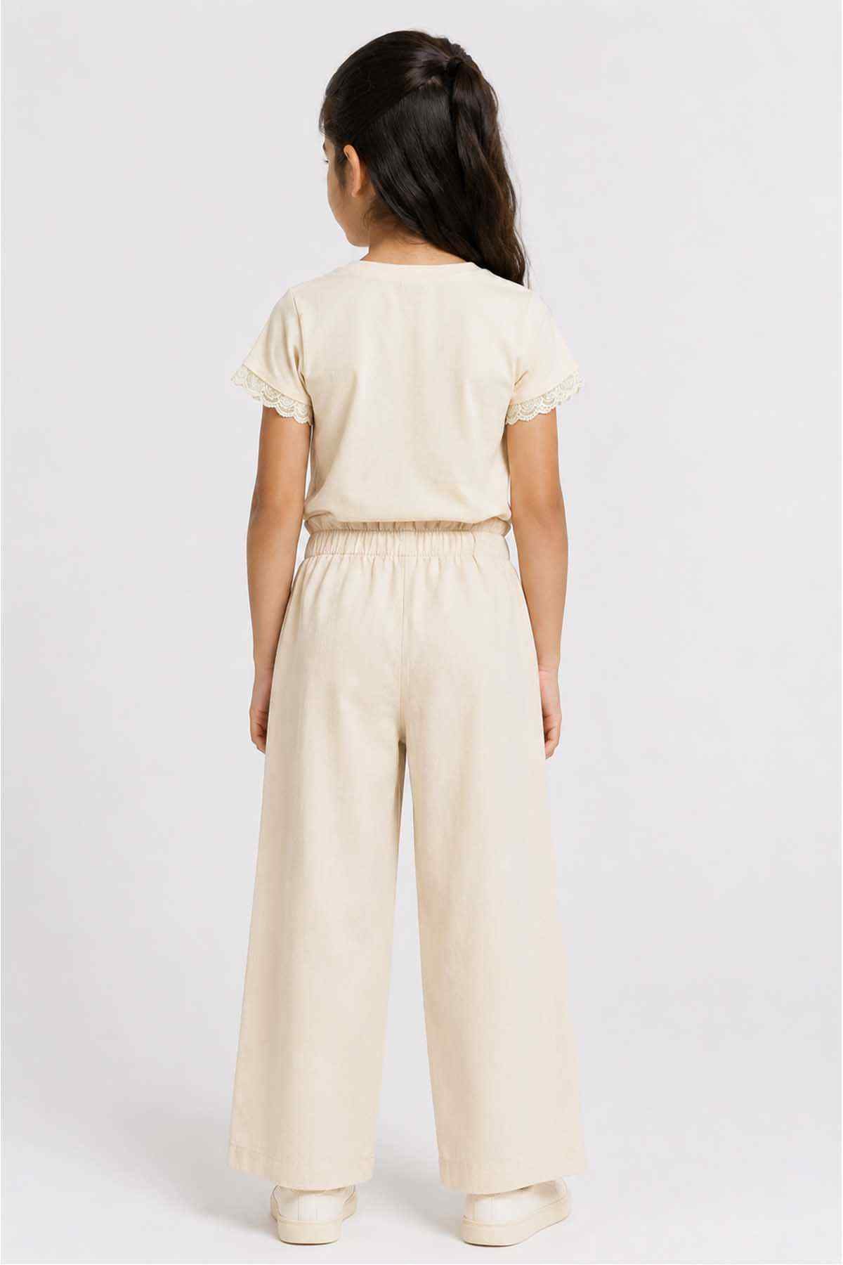 BABYSHOP cream wide-leg pants with matching top, back view for toddler