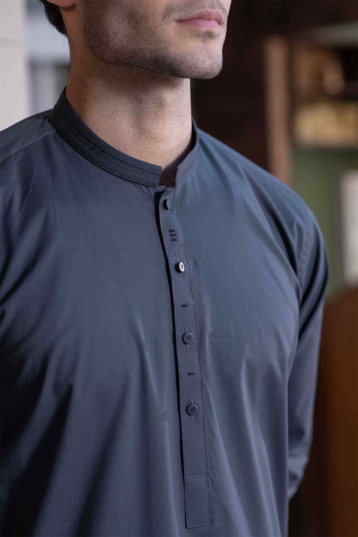 Men's steel blue kurta front placket and stand collar, close-up