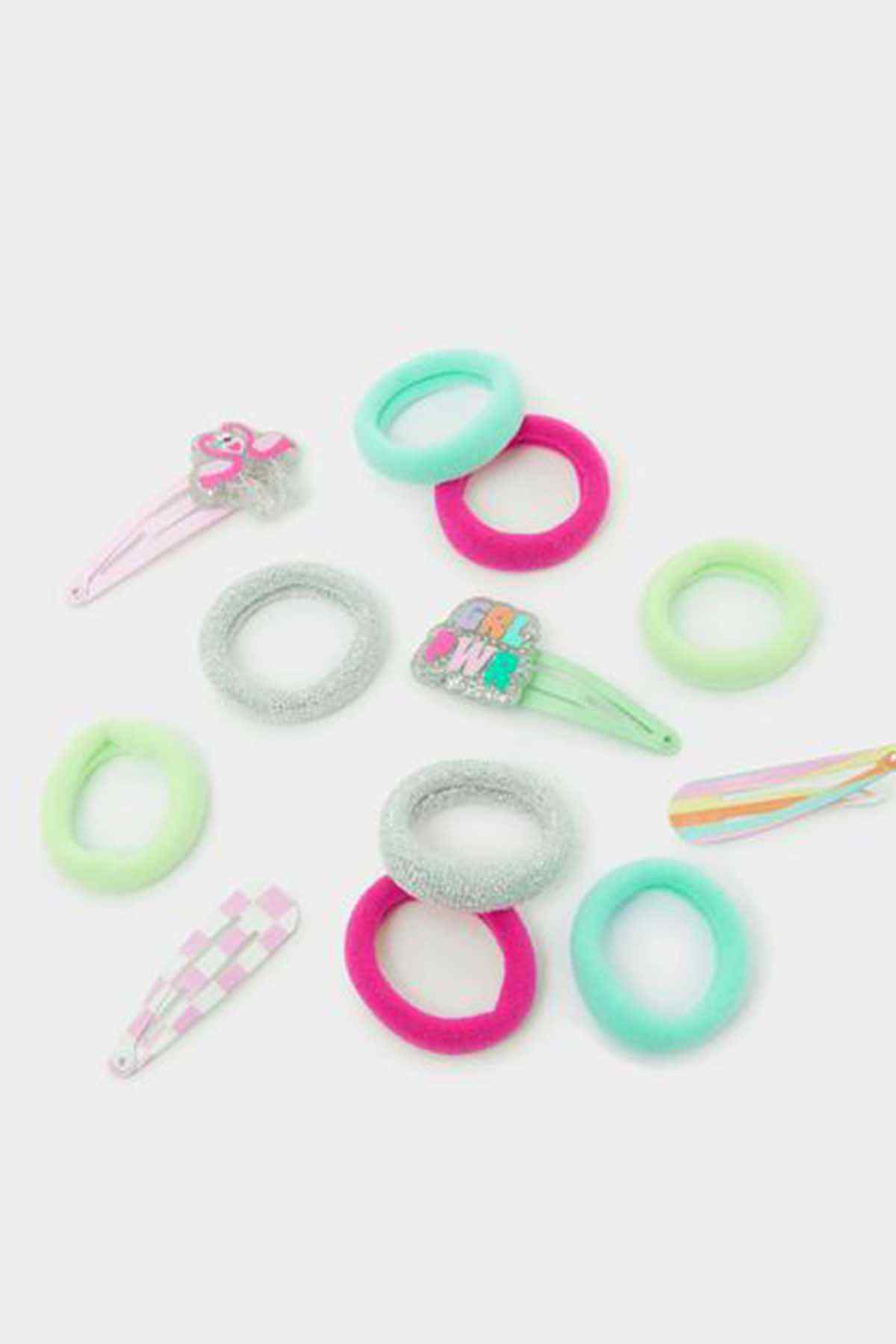 Pastel multi hair accessory set with glitter elastic ties, clips, and hair pins