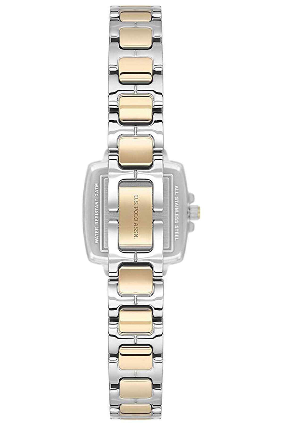 Stainless steel wristwatch with gold-tone link bracelet and rectangular dial