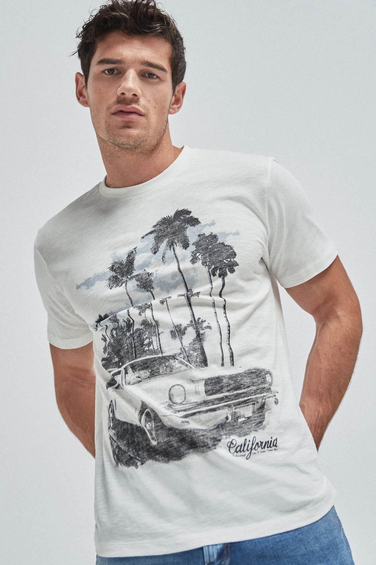 NEXT white graphic T-shirt with palm tree and car print, crew neck, short sleeves