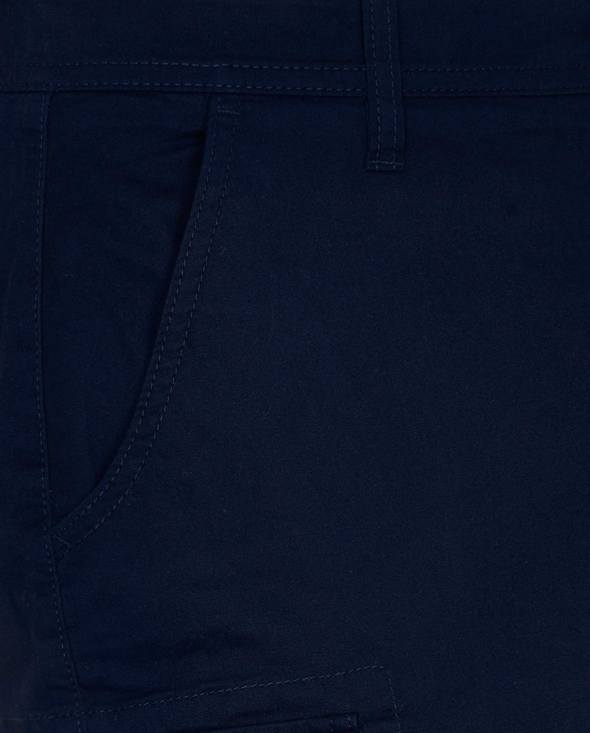 Navy shorts close-up: angled side pocket and stitched leg seam