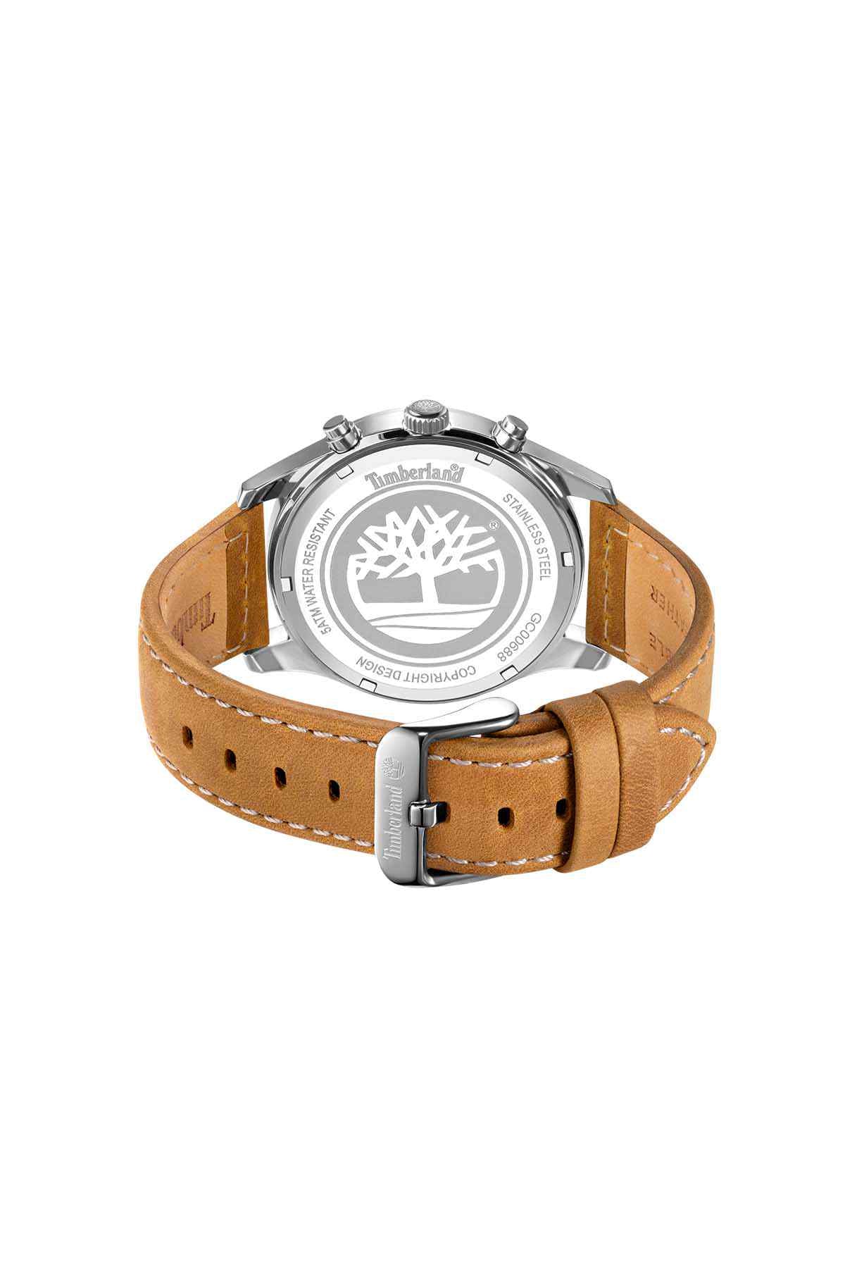 Timberland watch with engraved back, brown leather strap and silver buckle clasp