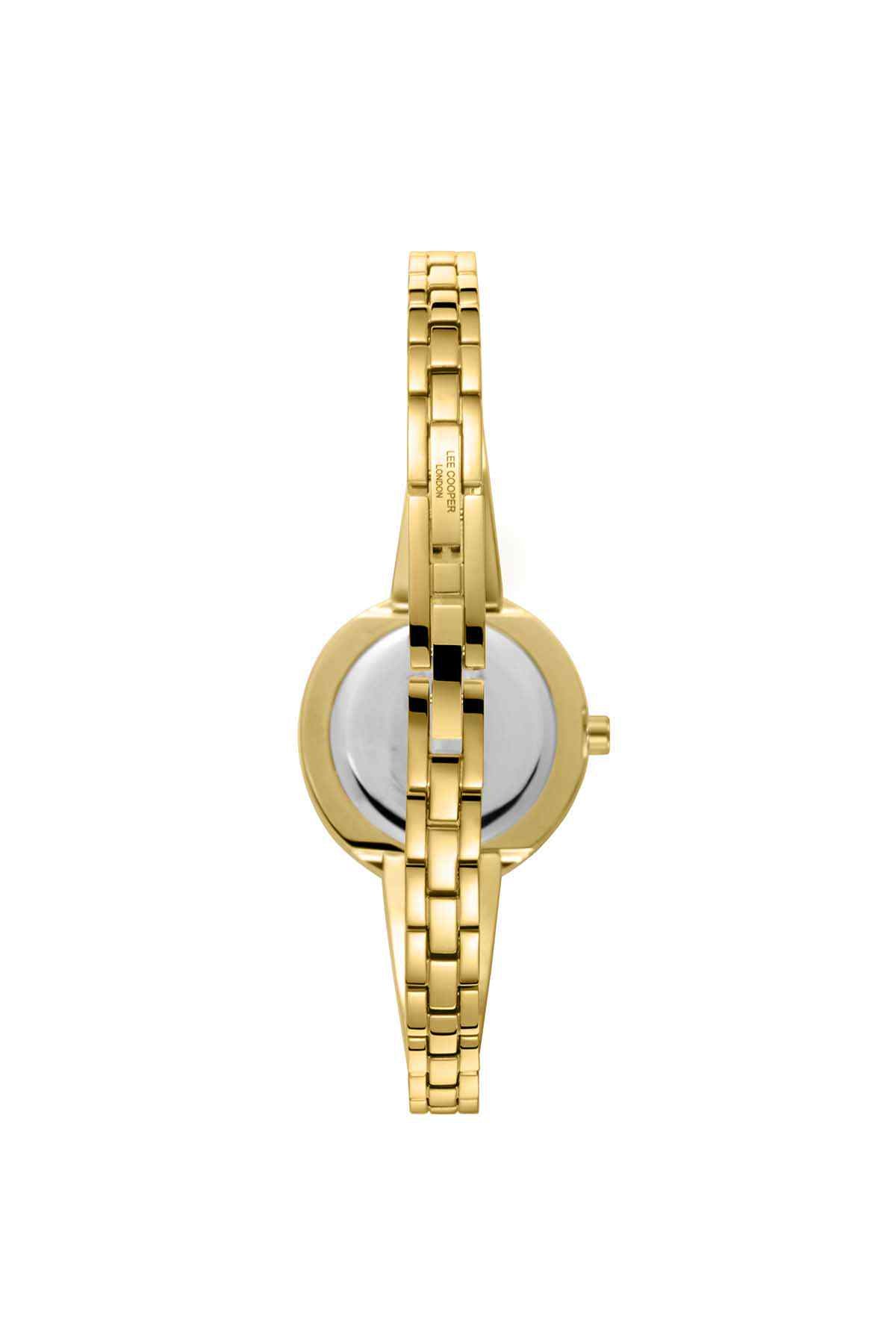 Gold-tone wristwatch side view, crown and metal link bracelet