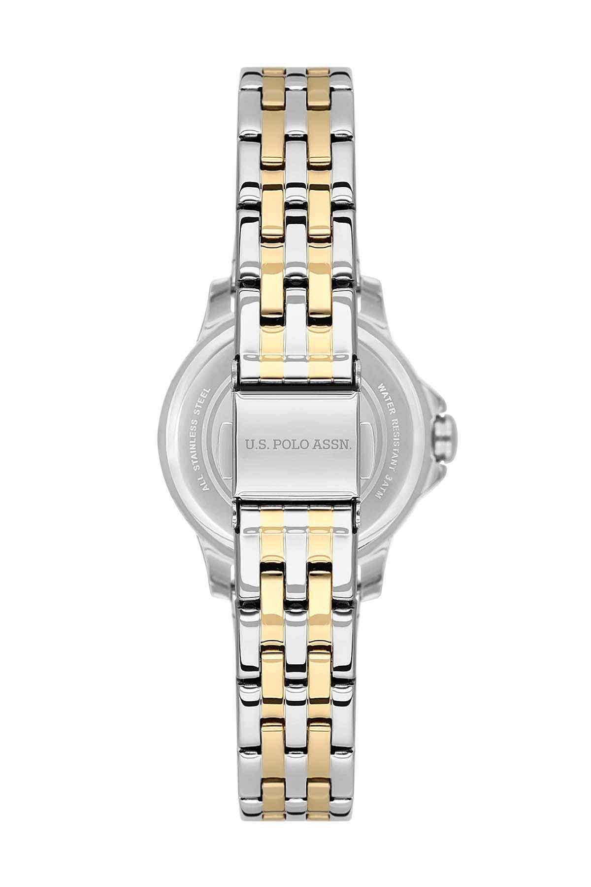 U.S. Polo Assn two-tone metal wristwatch with engraved case and clasp