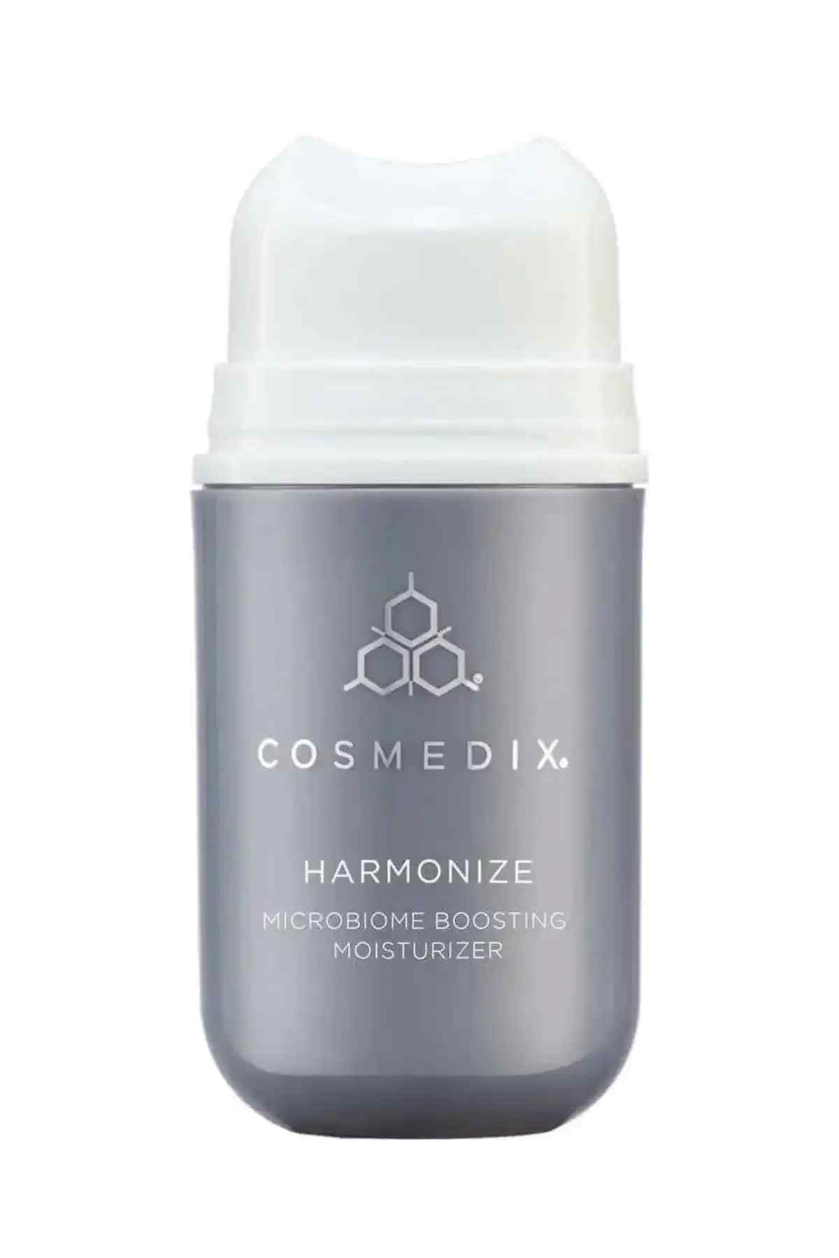 Cosmedix Harmonize microbiome boosting moisturizer in gray bottle with white cap