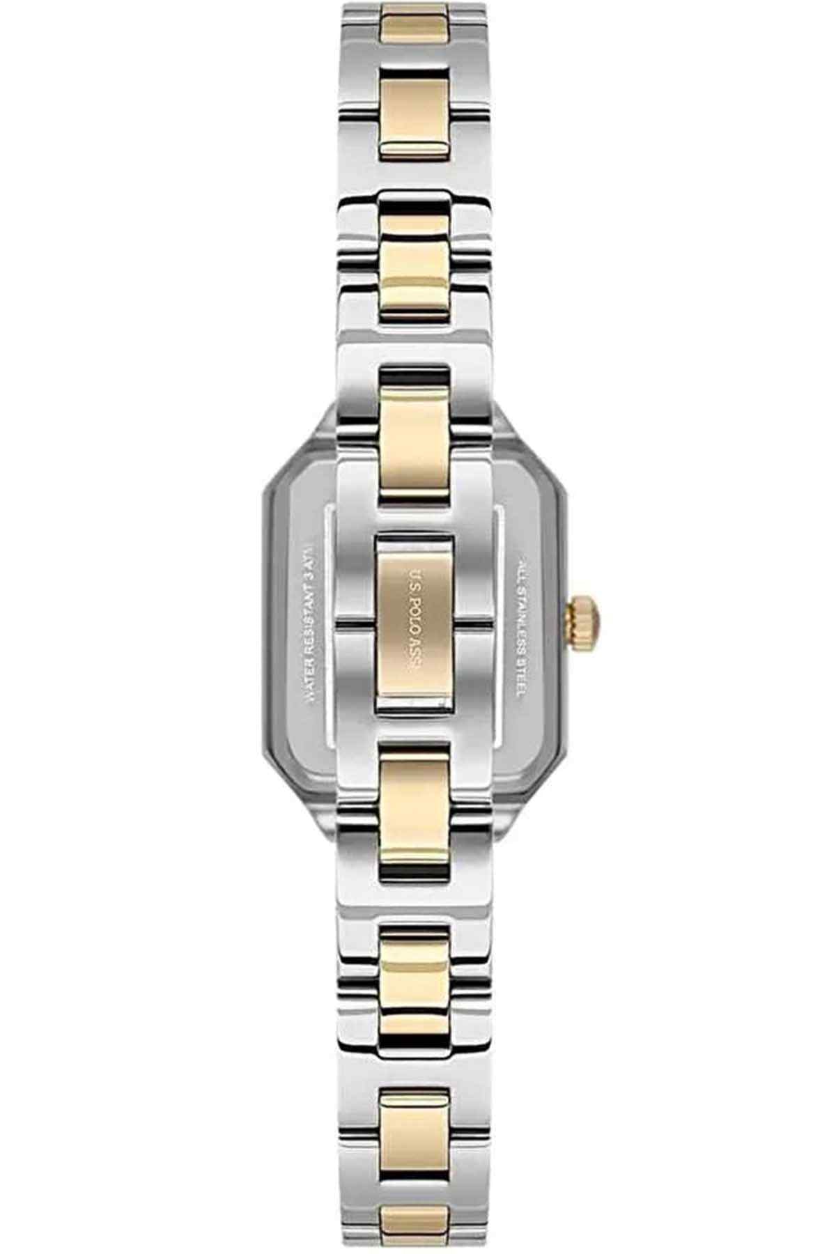 Two-tone metal bracelet wristwatch with gold accents and rectangular green case