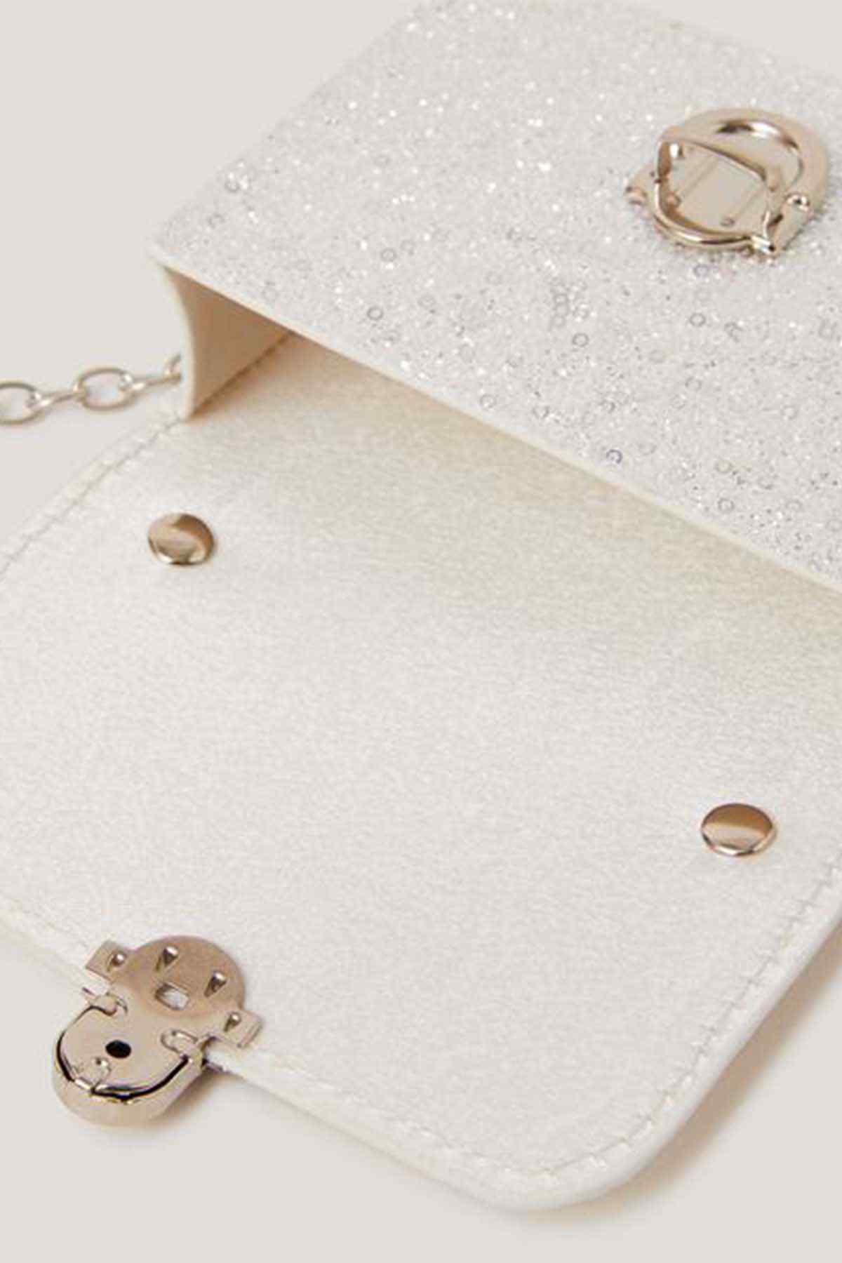 Accessorize silver sequin mini bag with dog-shaped charm and magnetic clasp