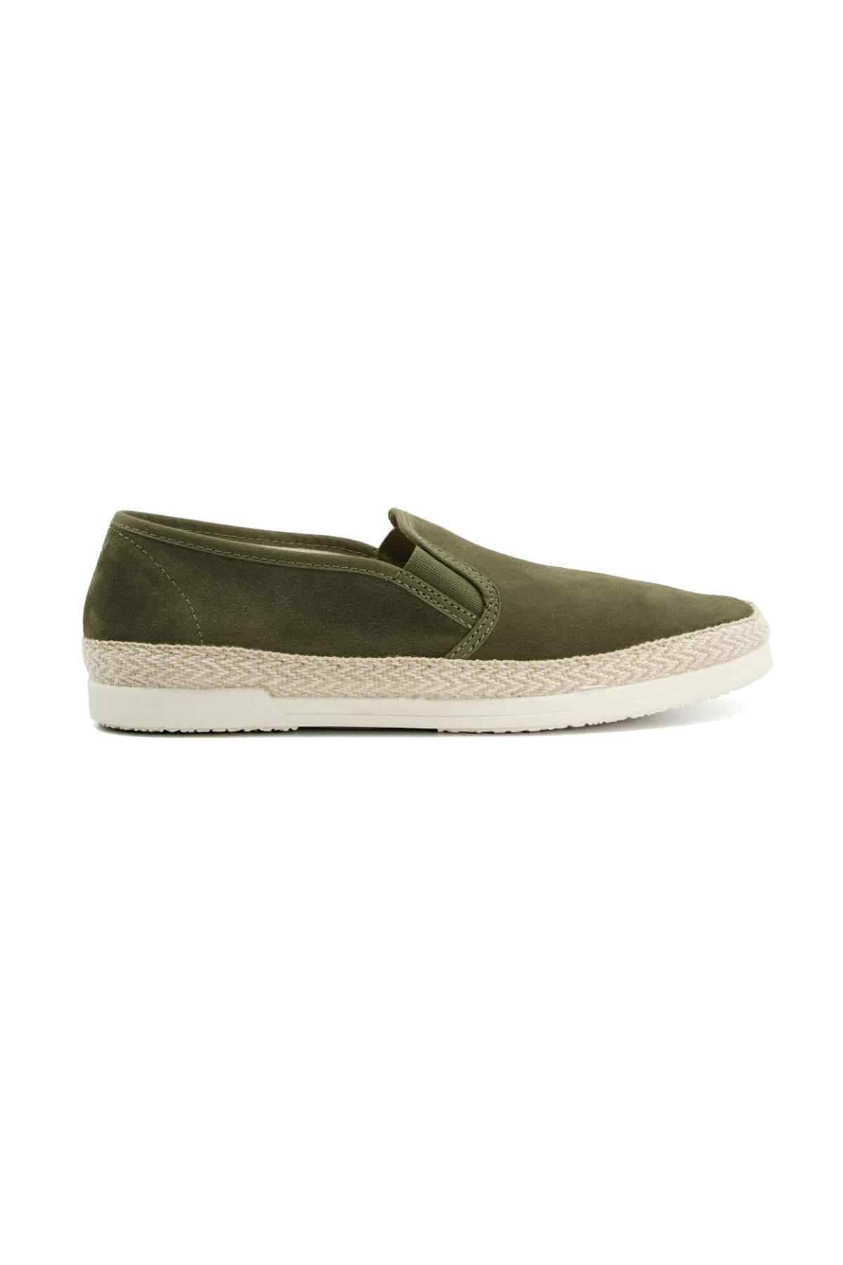 Khaki suede slip-on shoe profile view with jute-look midsole and white sole