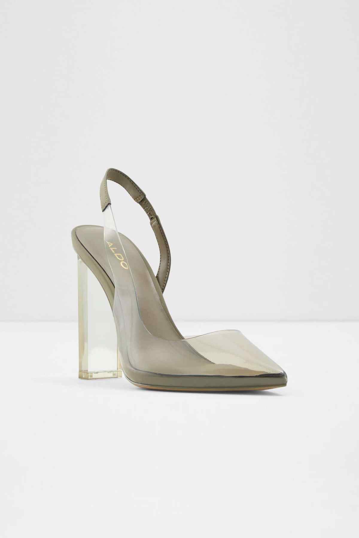 ALDO slingback high-heel pumps, olive green with clear strap and block heel