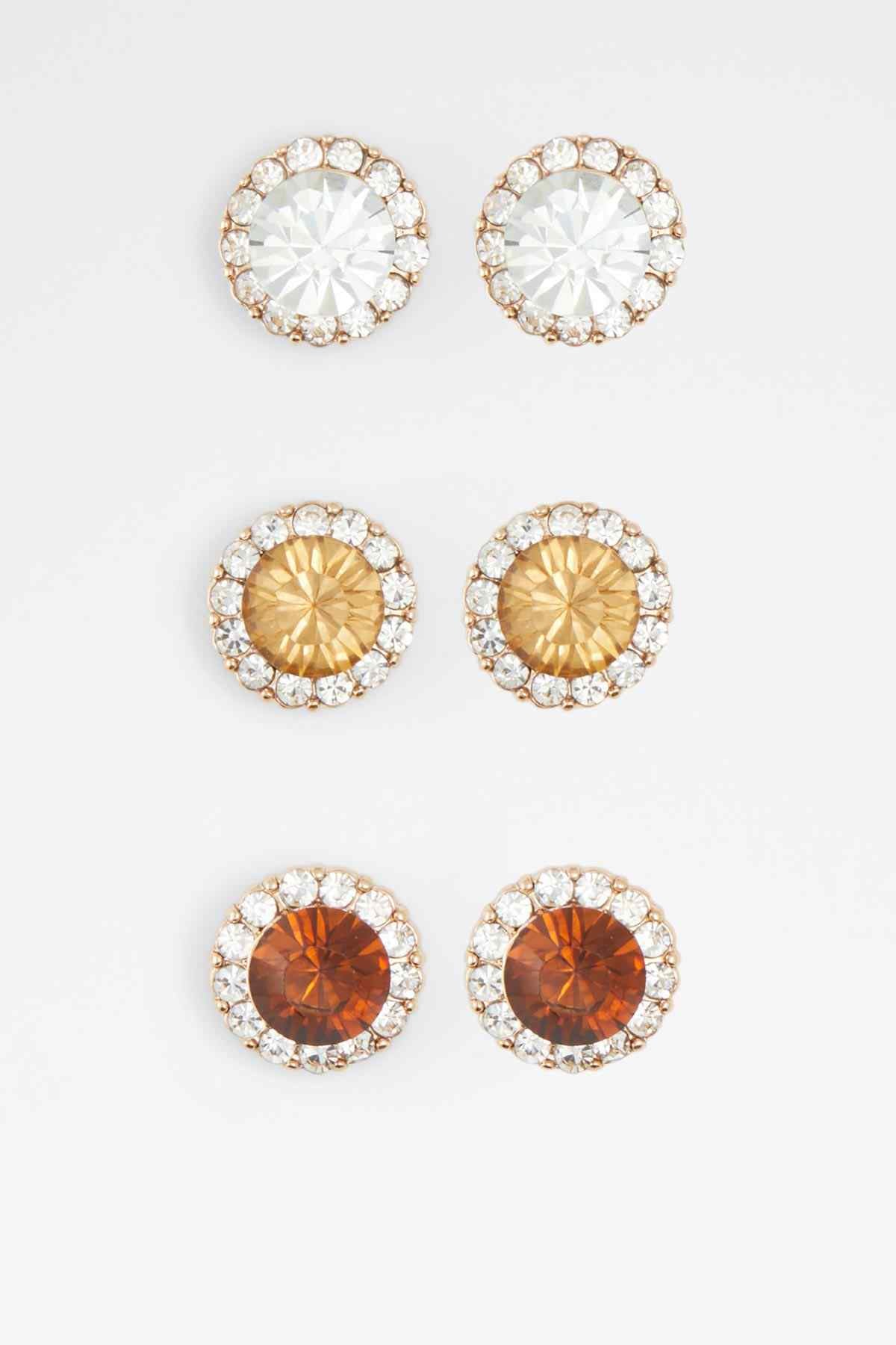 ALDO round crystal halo stud earrings with gold-tone setting, multi-stone styles