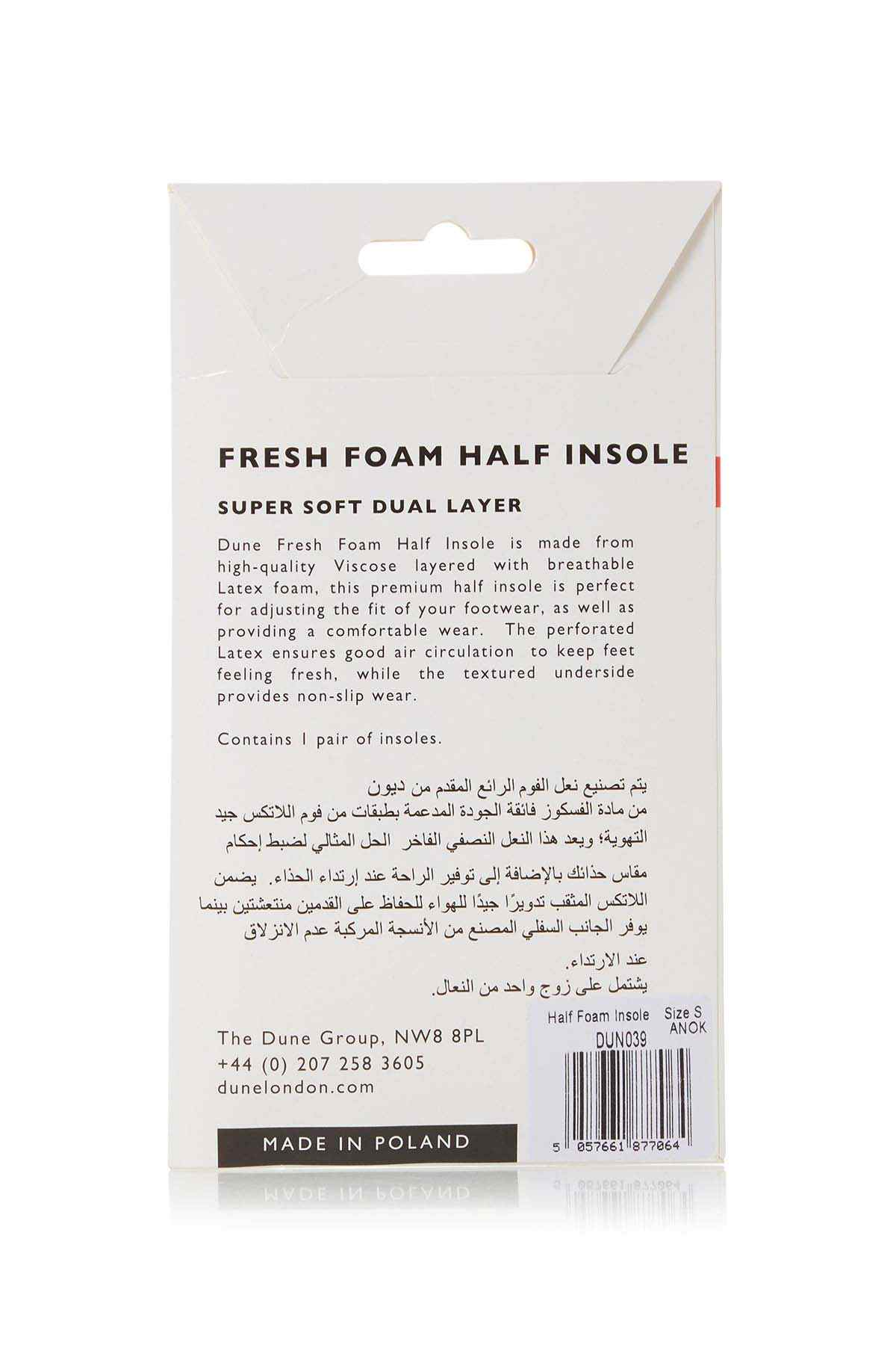 Dune London fresh foam half insole packaging, back panel with care and size info