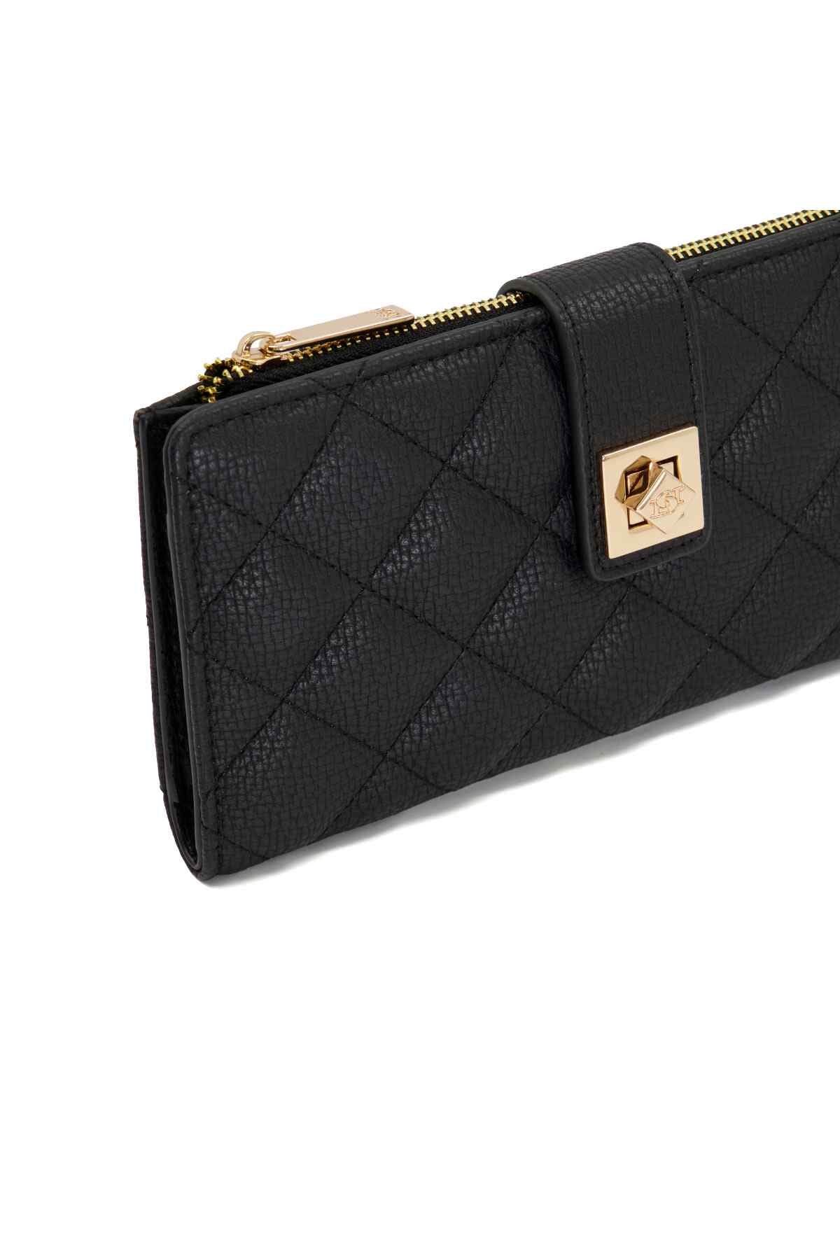 Quilted black leather wallet with gold-tone logo plaque and zipper pull