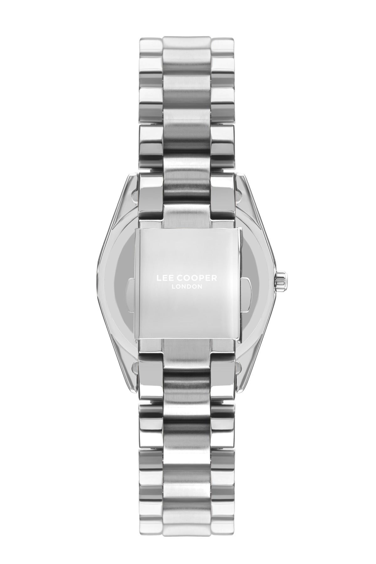 Lee Cooper silver wristwatch, angled caseback view with engraved markings