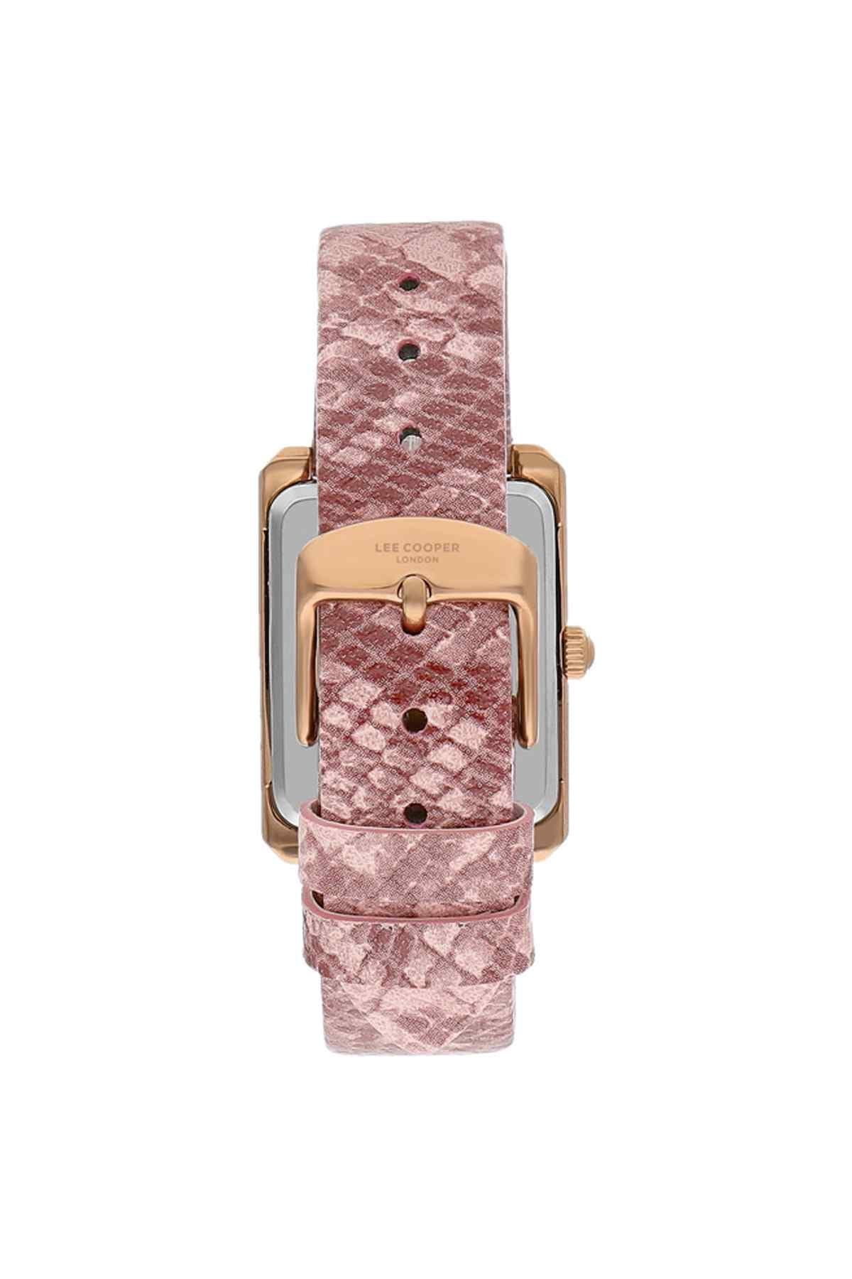 Pink patterned strap wristwatch with gold-tone bezel, crown, and analog dial