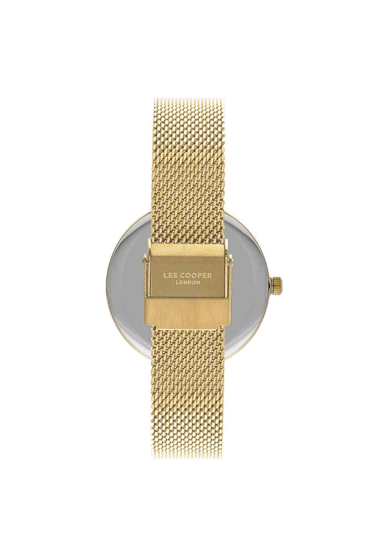 Gold mesh strap watch with round dial and gold crown