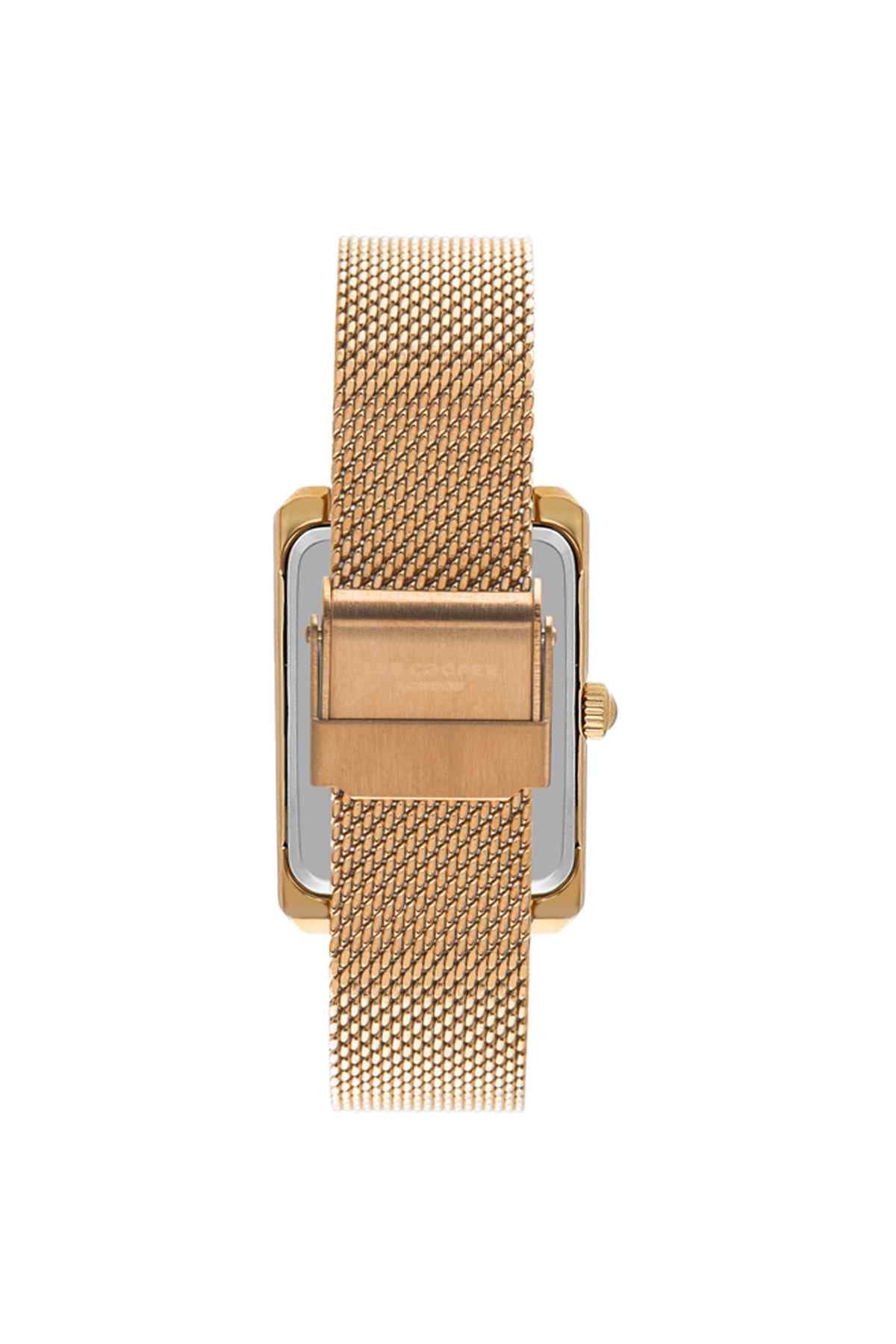 Rose gold mesh strap watch with clasp and rose-gold case, side angle