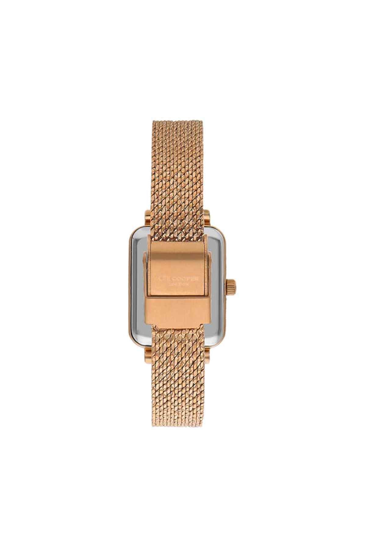 Rose gold mesh strap wristwatch with rectangular clasp and case side