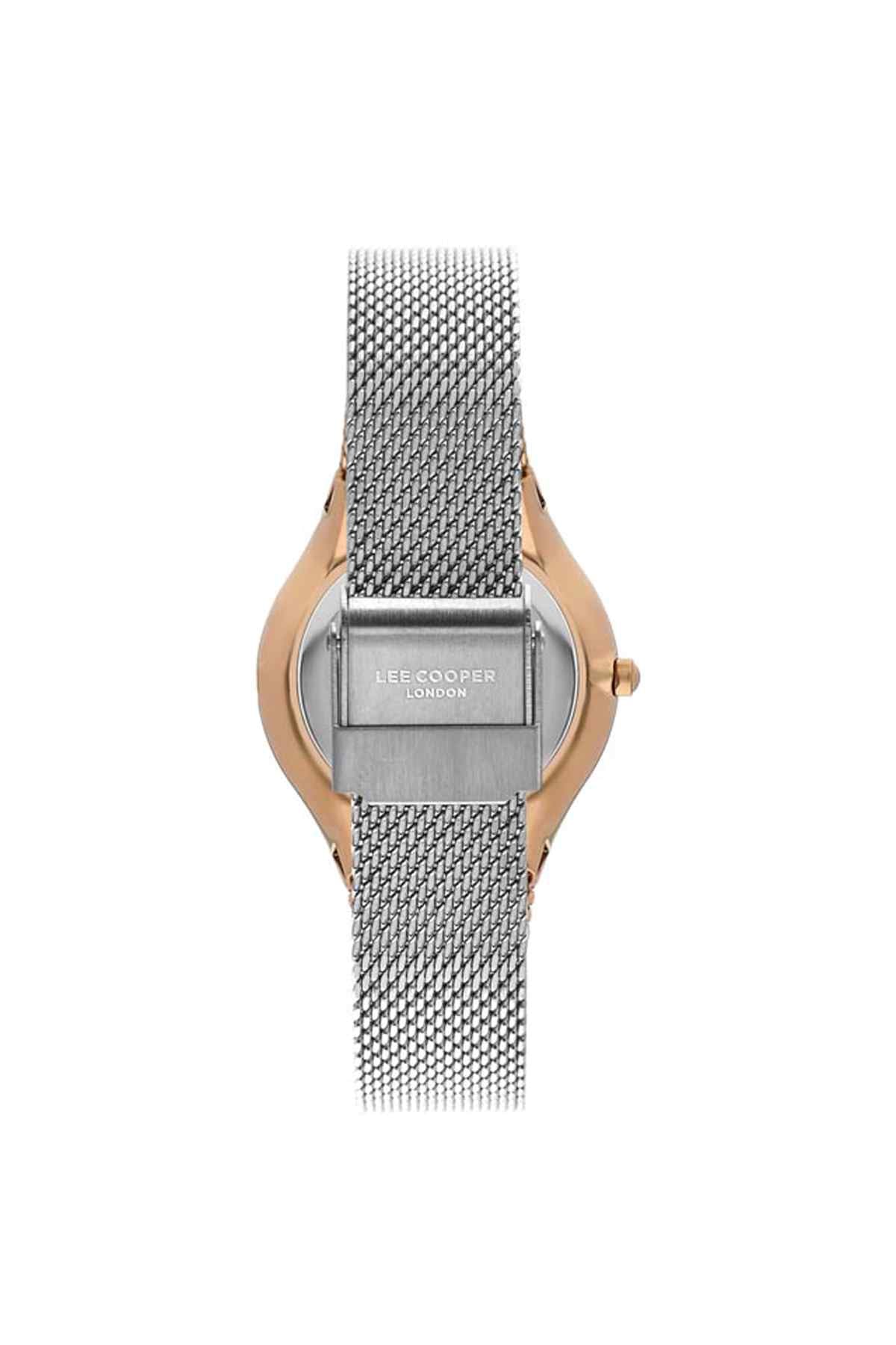 Lee Cooper watch clasp view on silver mesh strap with rose-gold case back