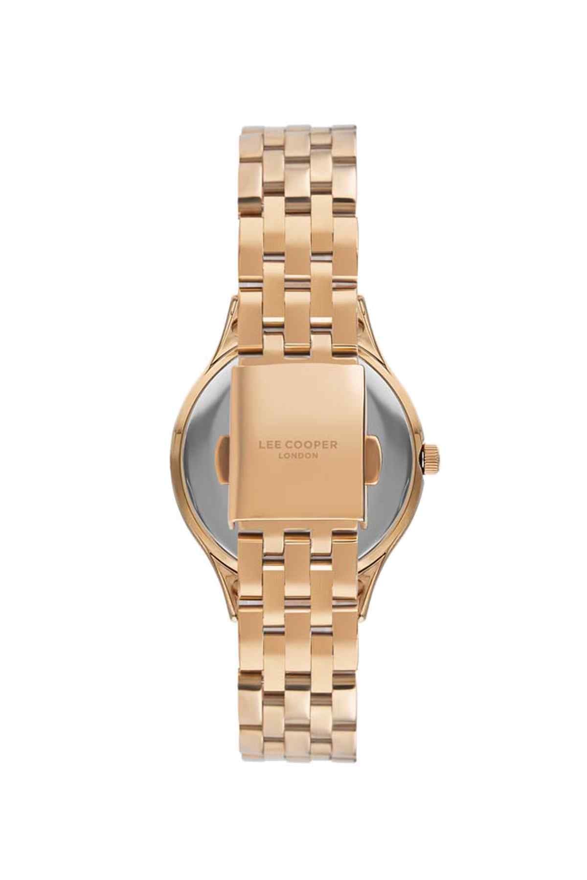 Rose gold wristwatch caseback engraved Lee Cooper, metal link bracelet