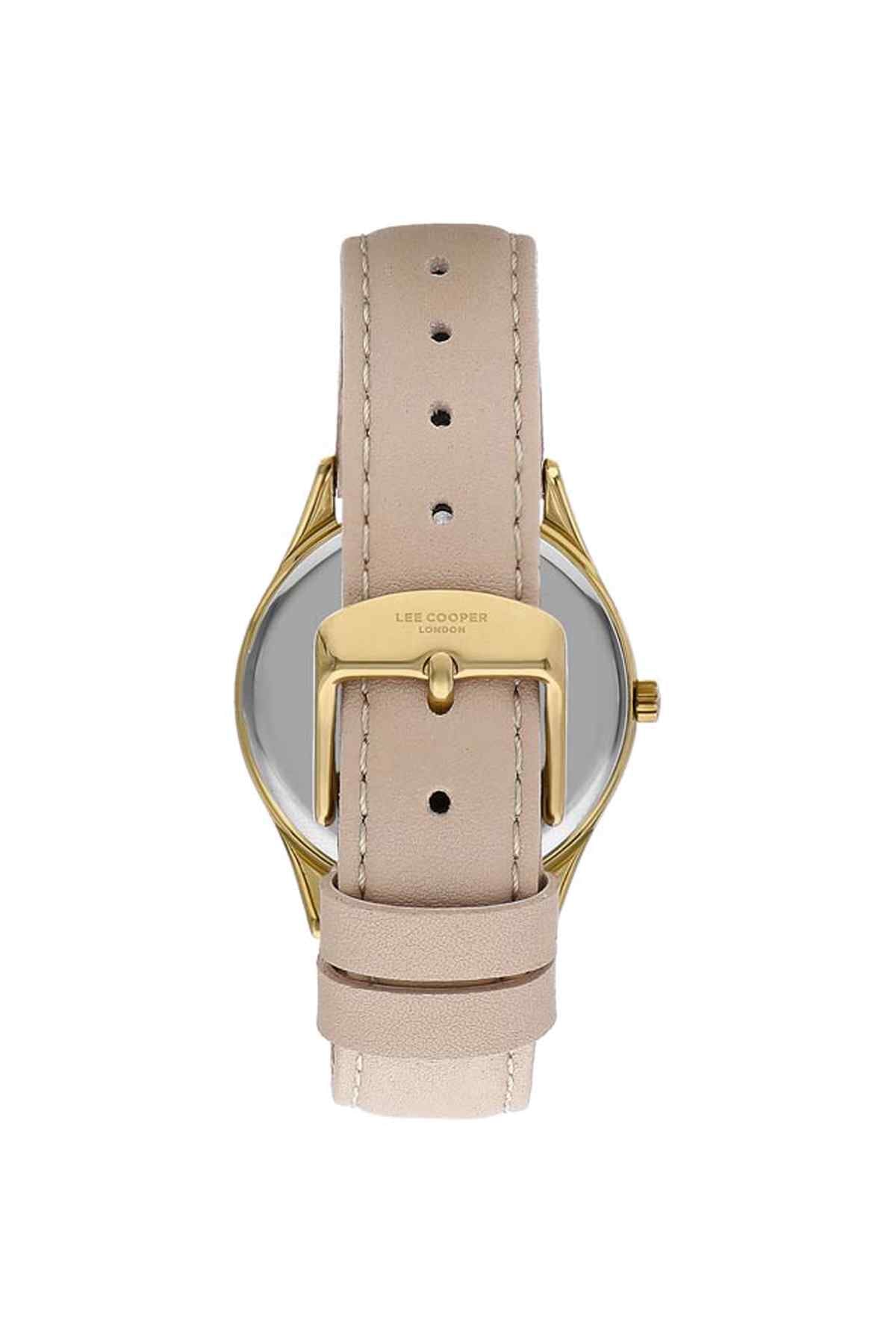 Lee Cooper gold watch with beige leather strap, buckle holes and crown side detail