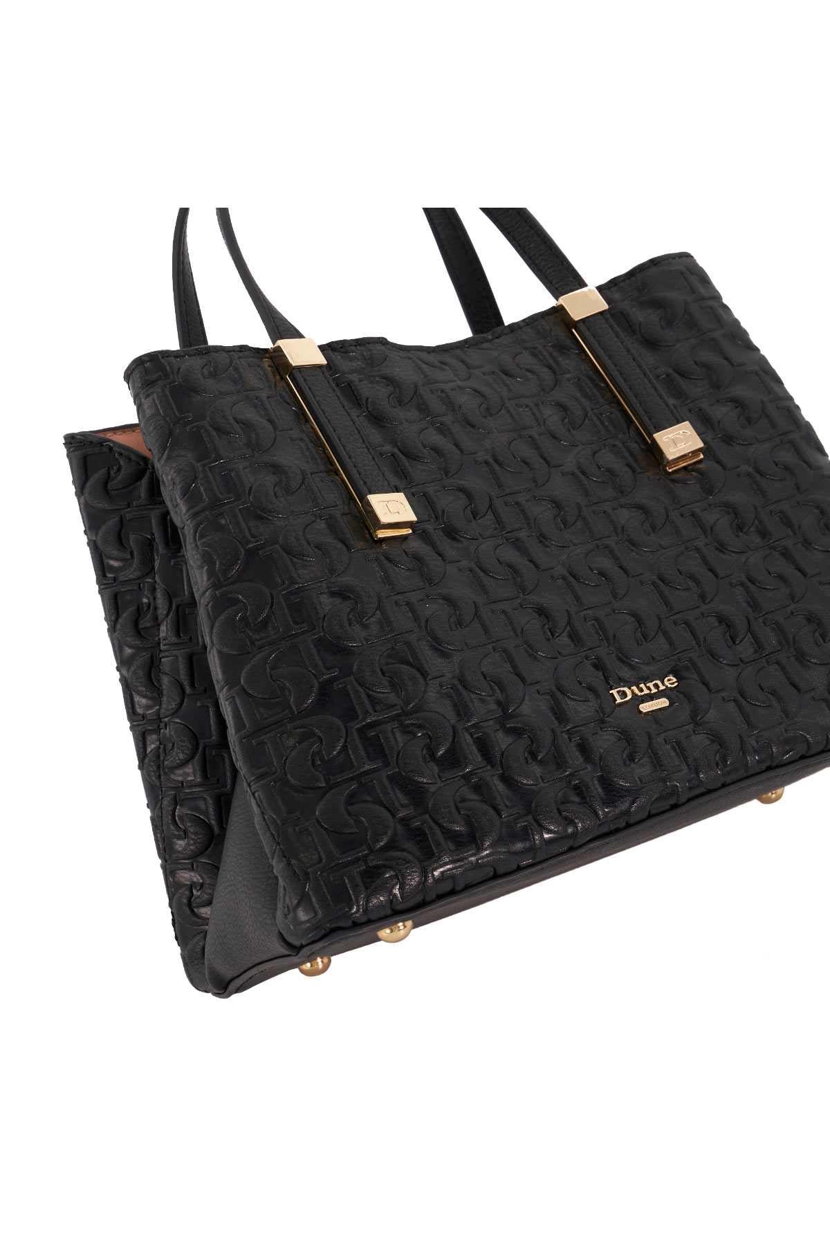 Black embossed logo tote bag with wide strap handles and gold hardware, front angle