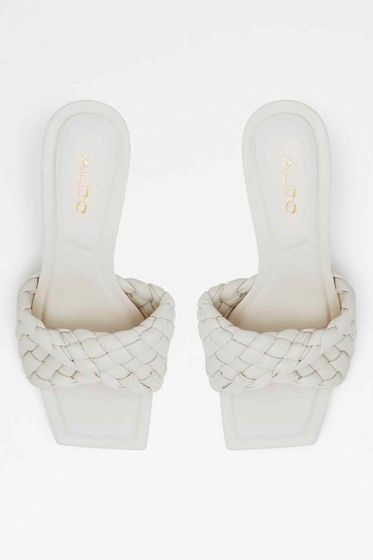ALDO off-white woven slide mules, pair view with logo insoles