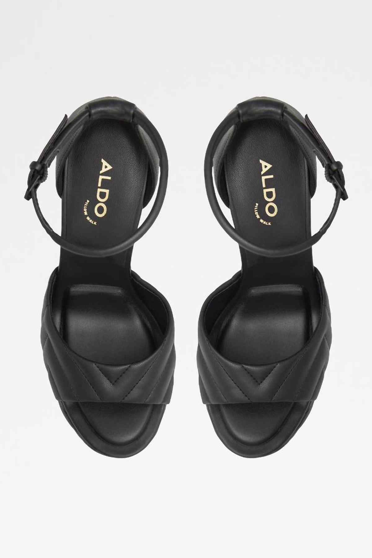 Black platform heeled sandals, ALDO logo on insoles, ankle straps