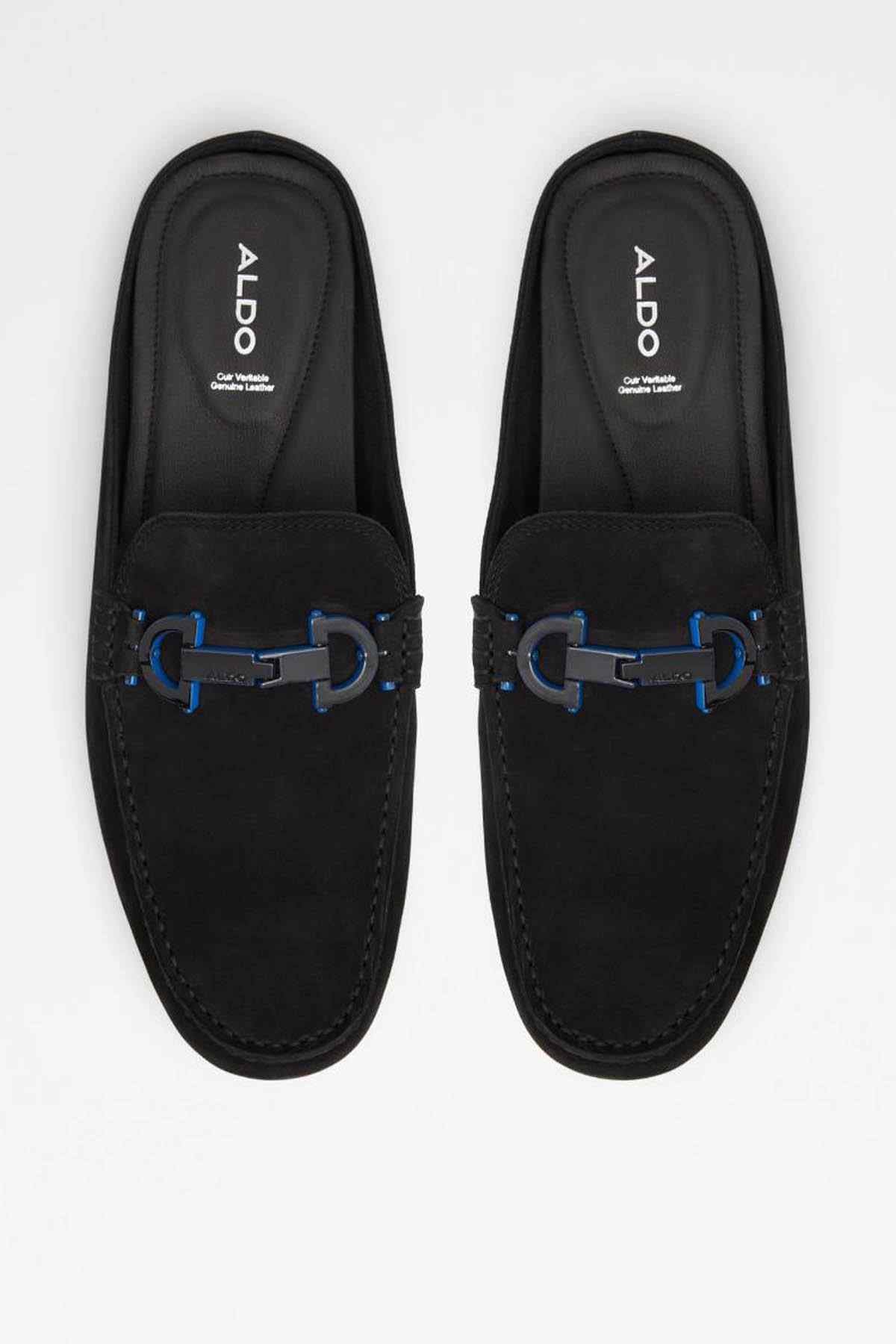 ALDO black loafers showing blue horseshoe hardware and ALDO logo on insole