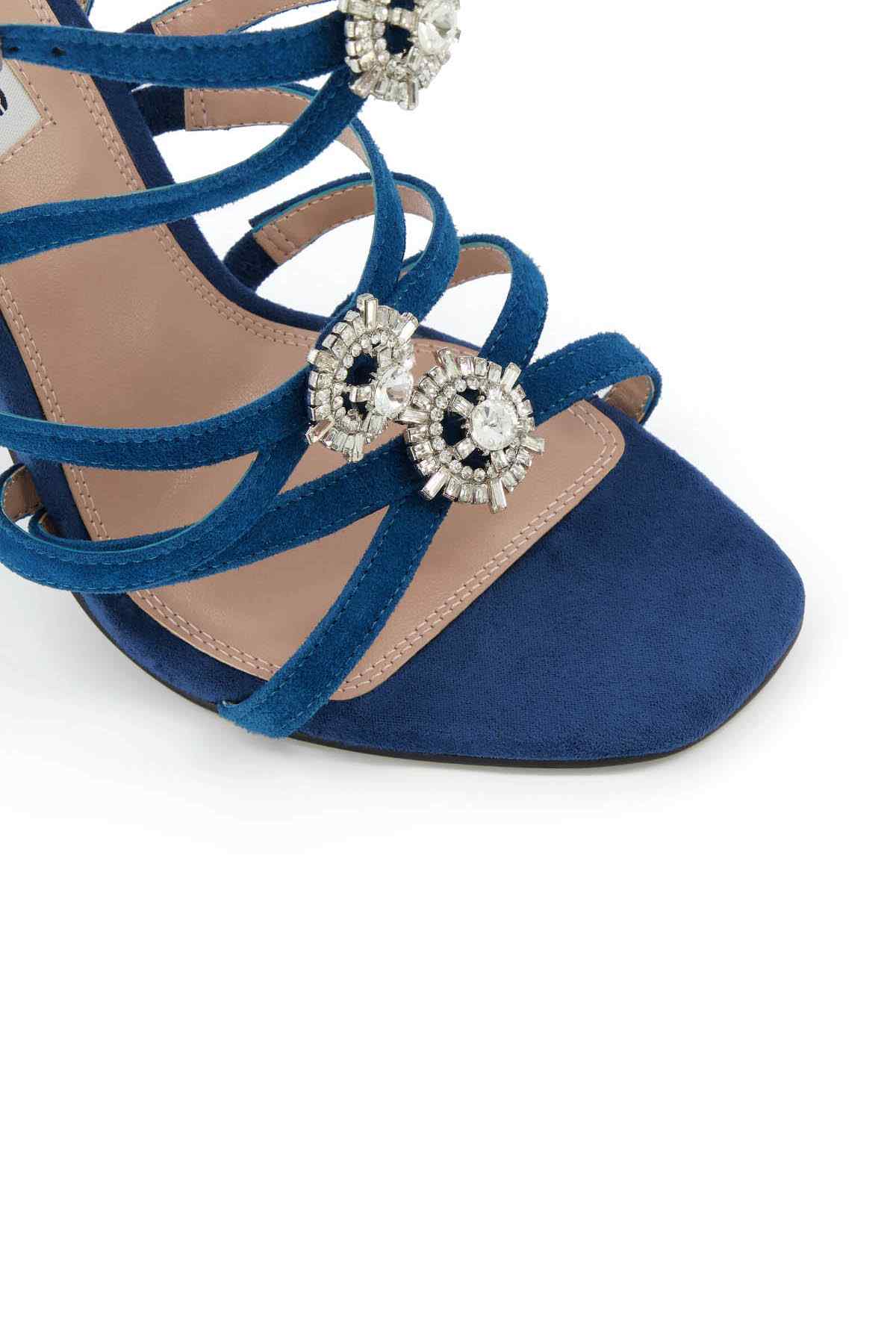 Dune London blue suede sandals with rhinestone floral embellishment on toe strap