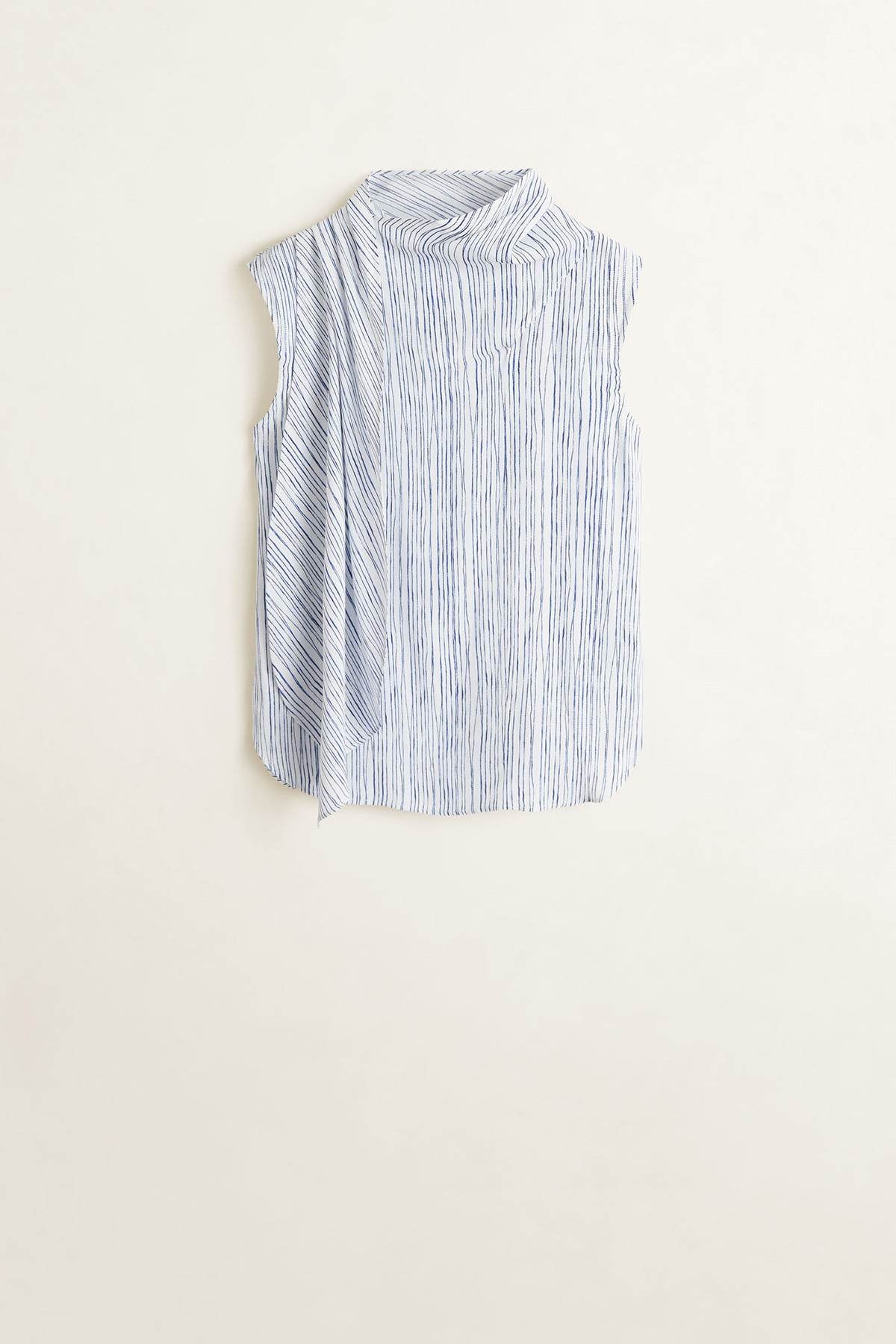 Blue and white striped sleeveless blouse with high stand collar