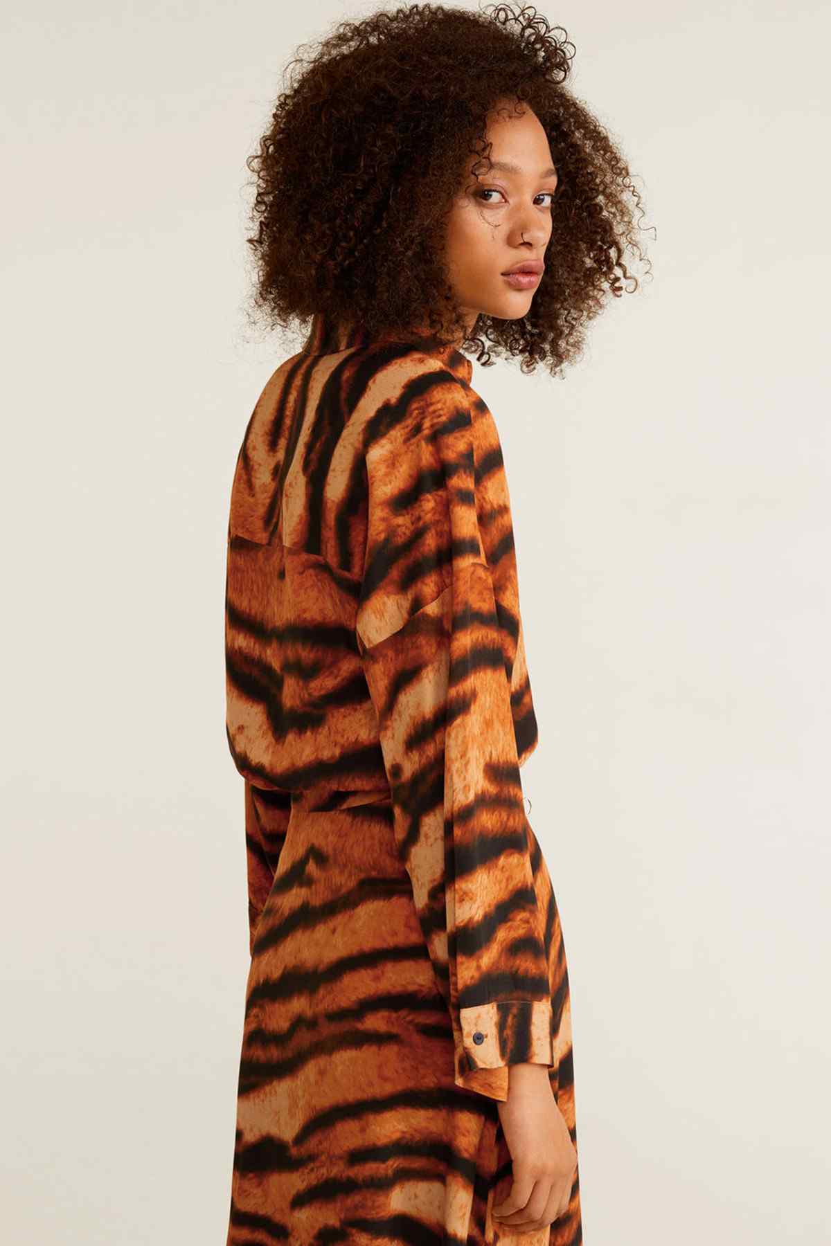 Orange tiger-print hooded button-front long dress, front side detail