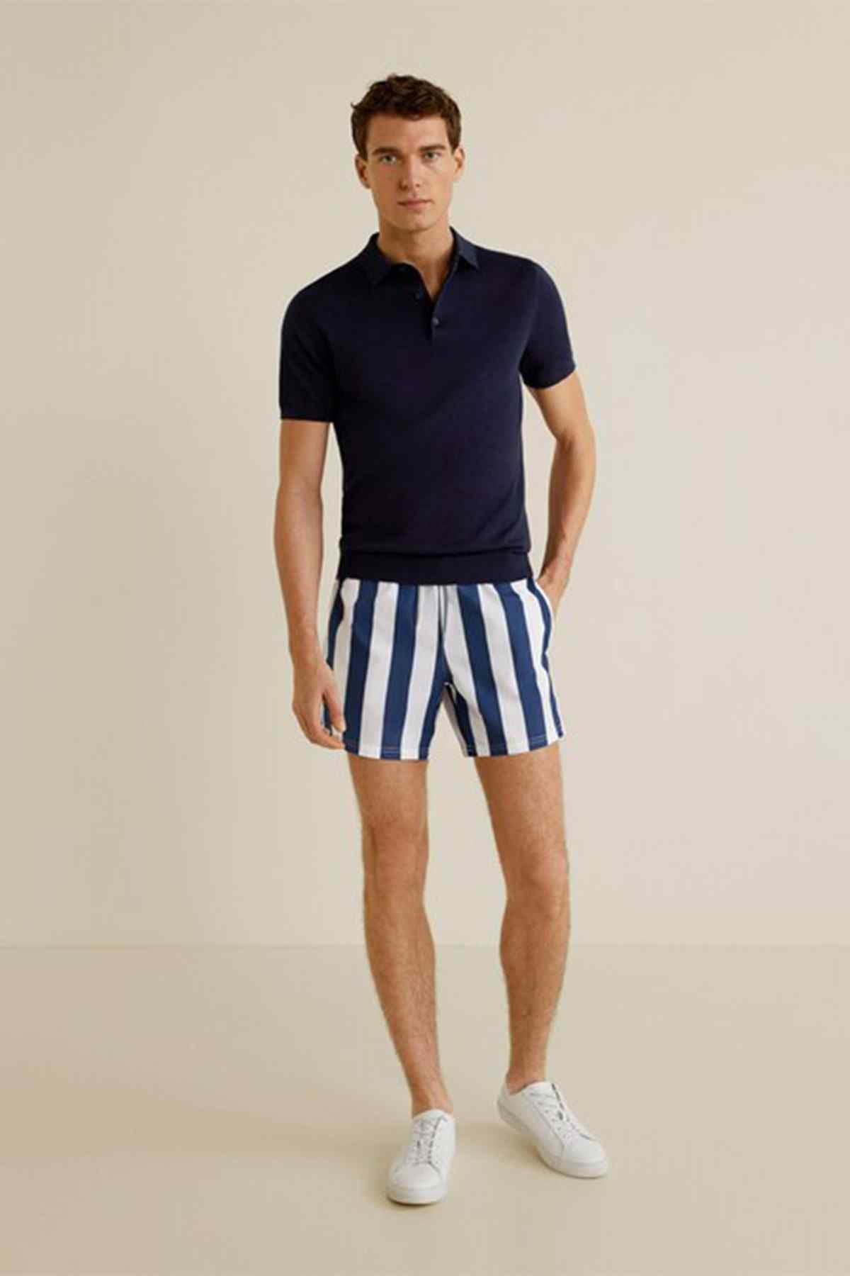 Men's navy and white striped shorts with elastic waistband, above-knee length