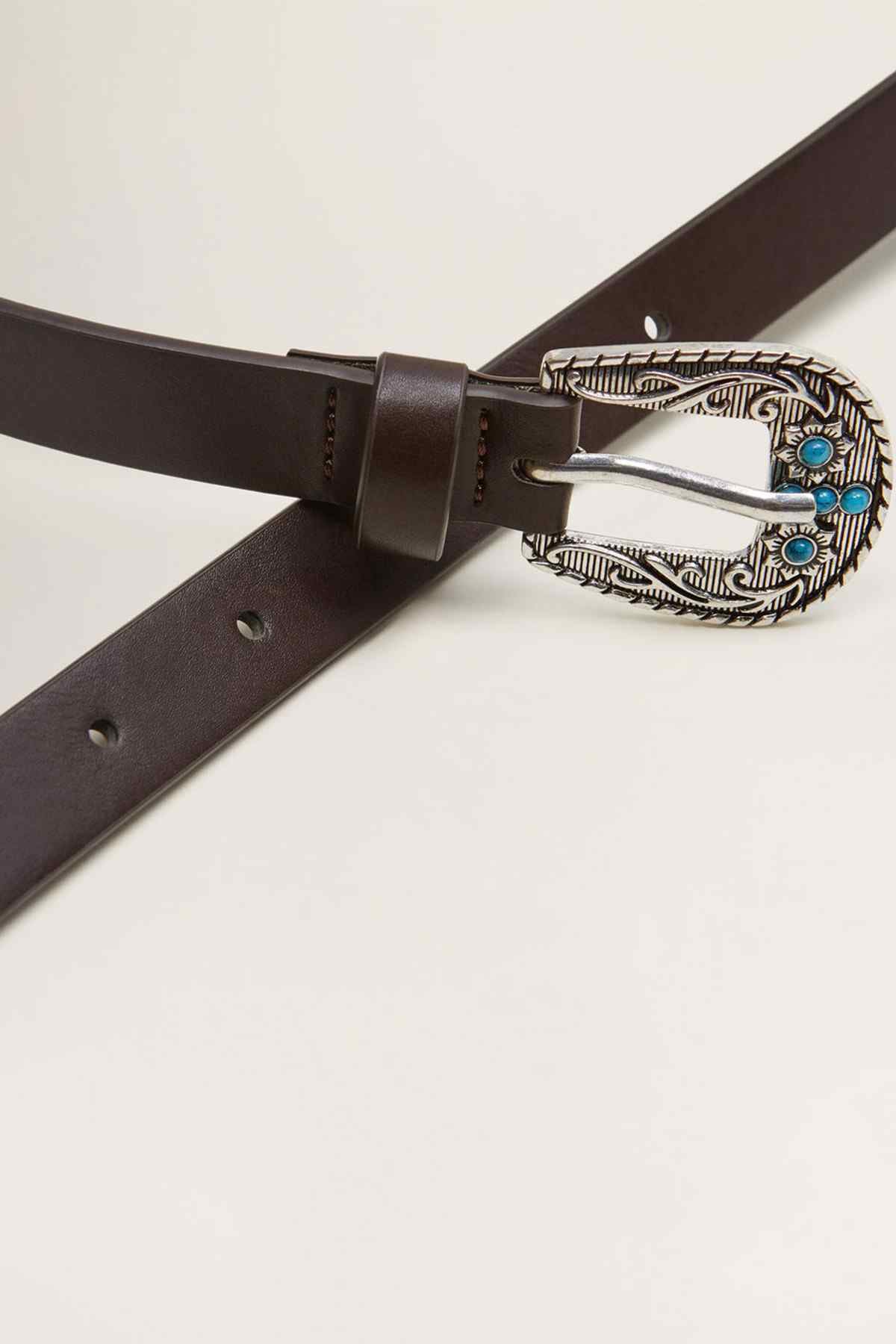 Brown leather belt with engraved silver buckle and turquoise center stone