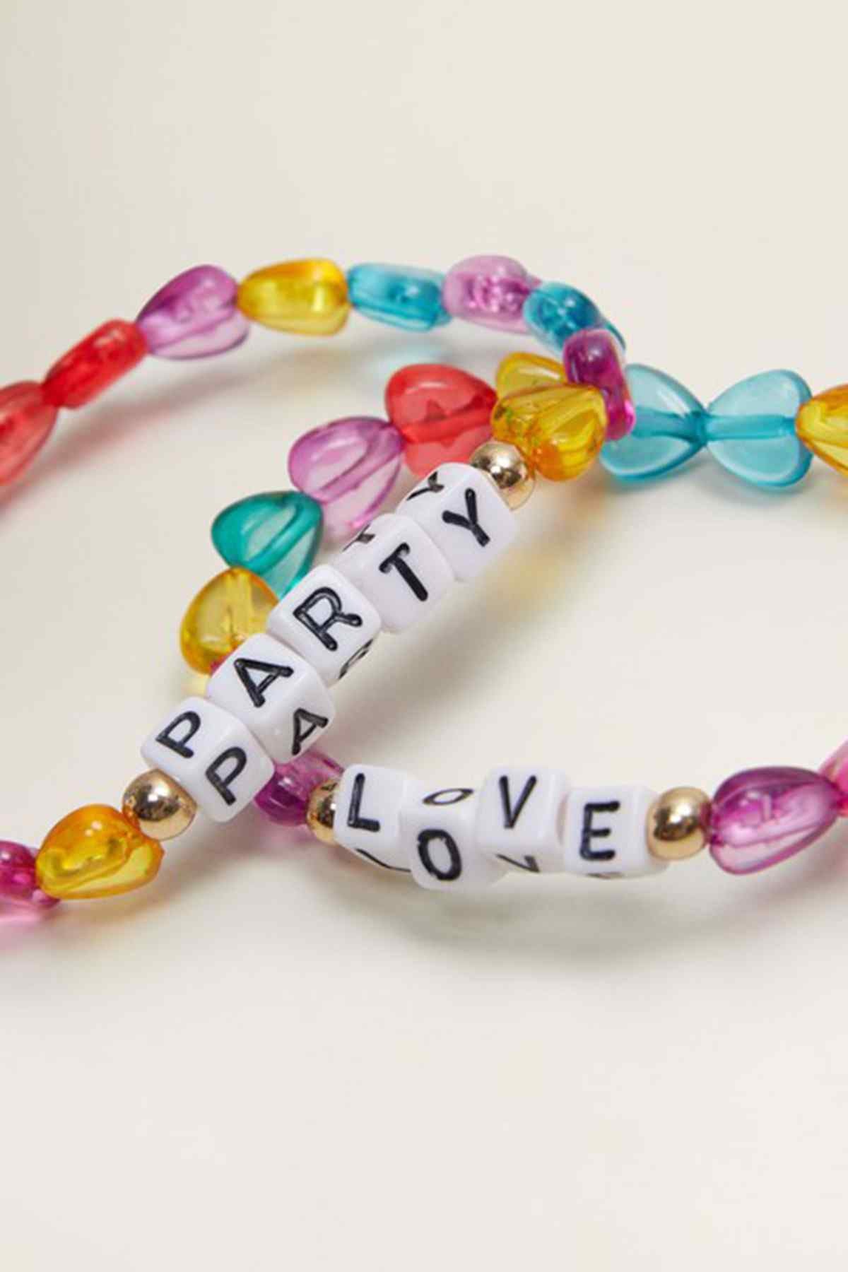 Letter bead bracelets with PAR-TY and LOVE text, multicolor translucent hearts and gold beads