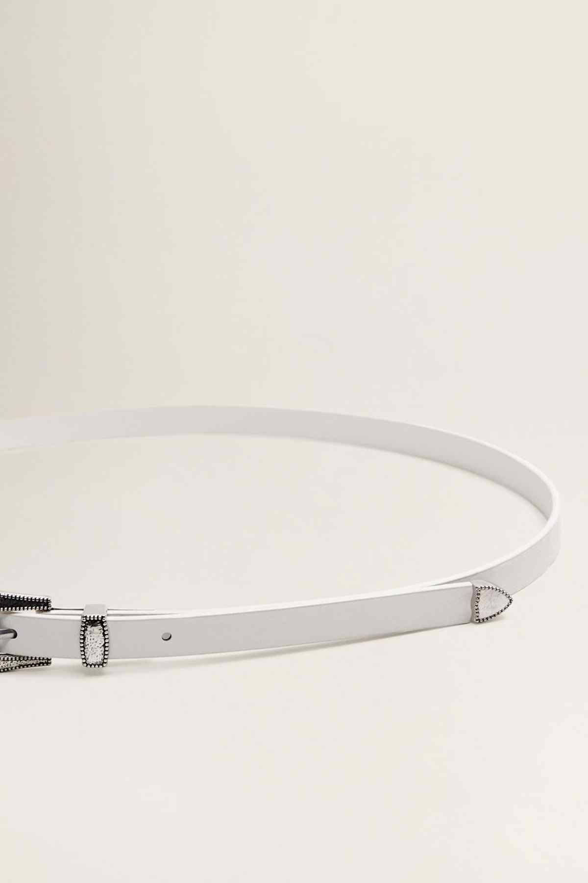 White belt with silver buckle and black trim stitching, side view