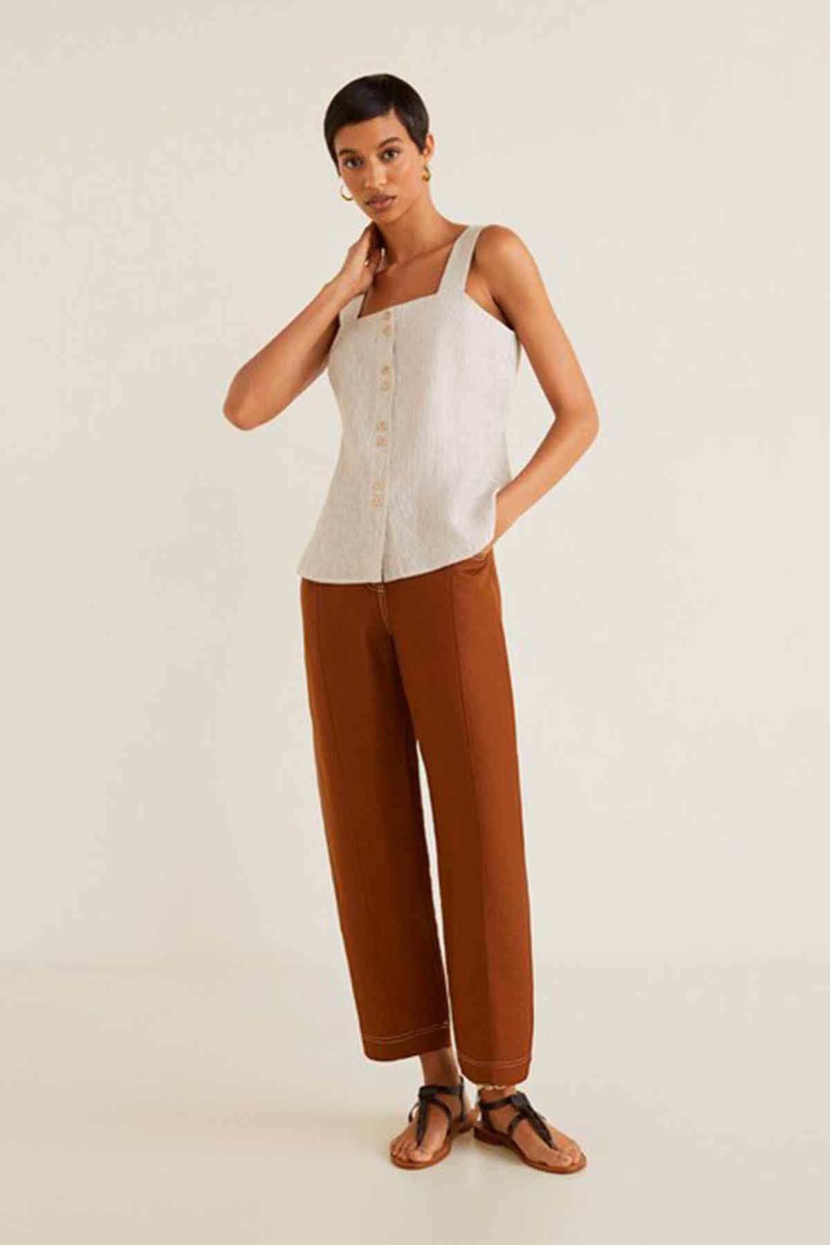 Beige sleeveless button-front linen top with square neckline