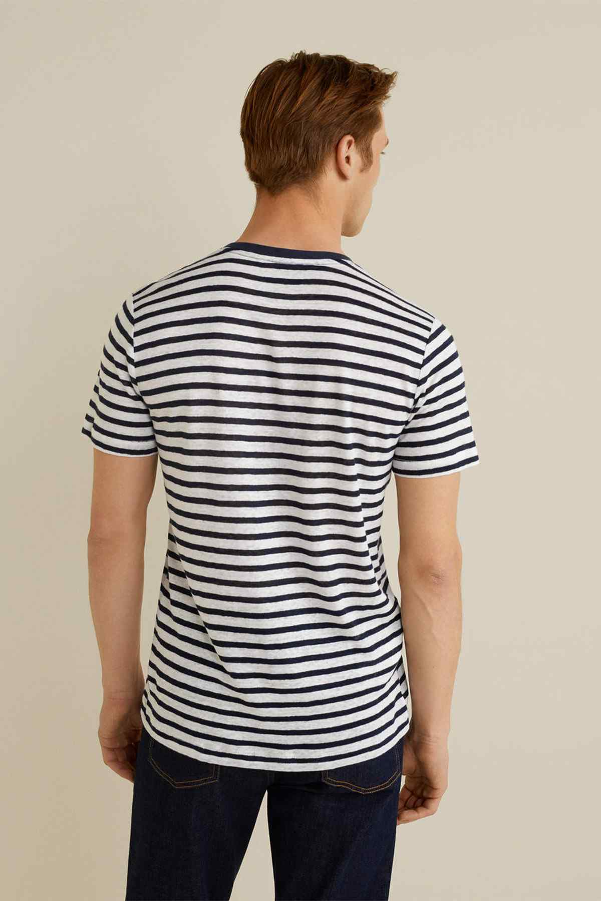 Striped T-shirt back view, short sleeves, navy and white horizontal stripes