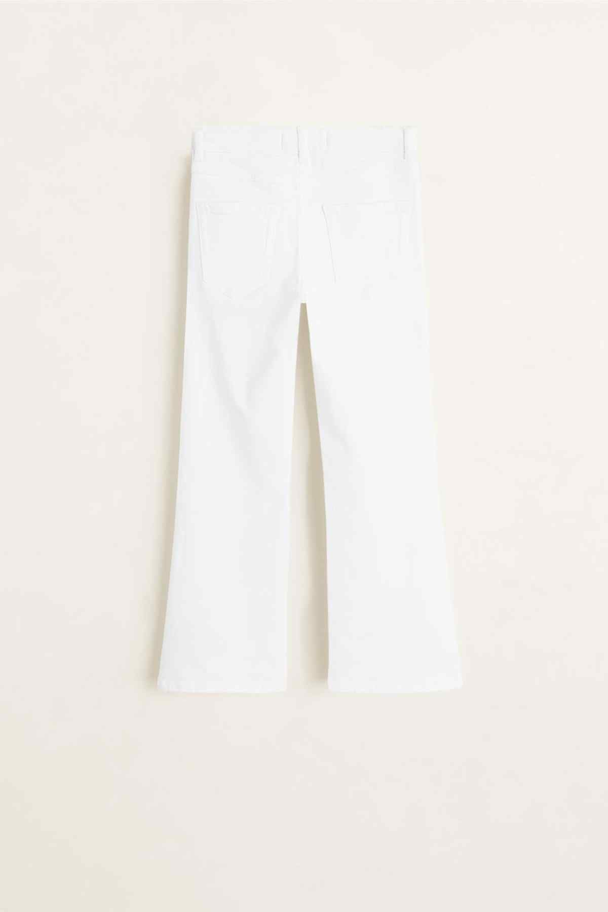 White denim jeans back view, yoke seam, five-pocket style, belt loops