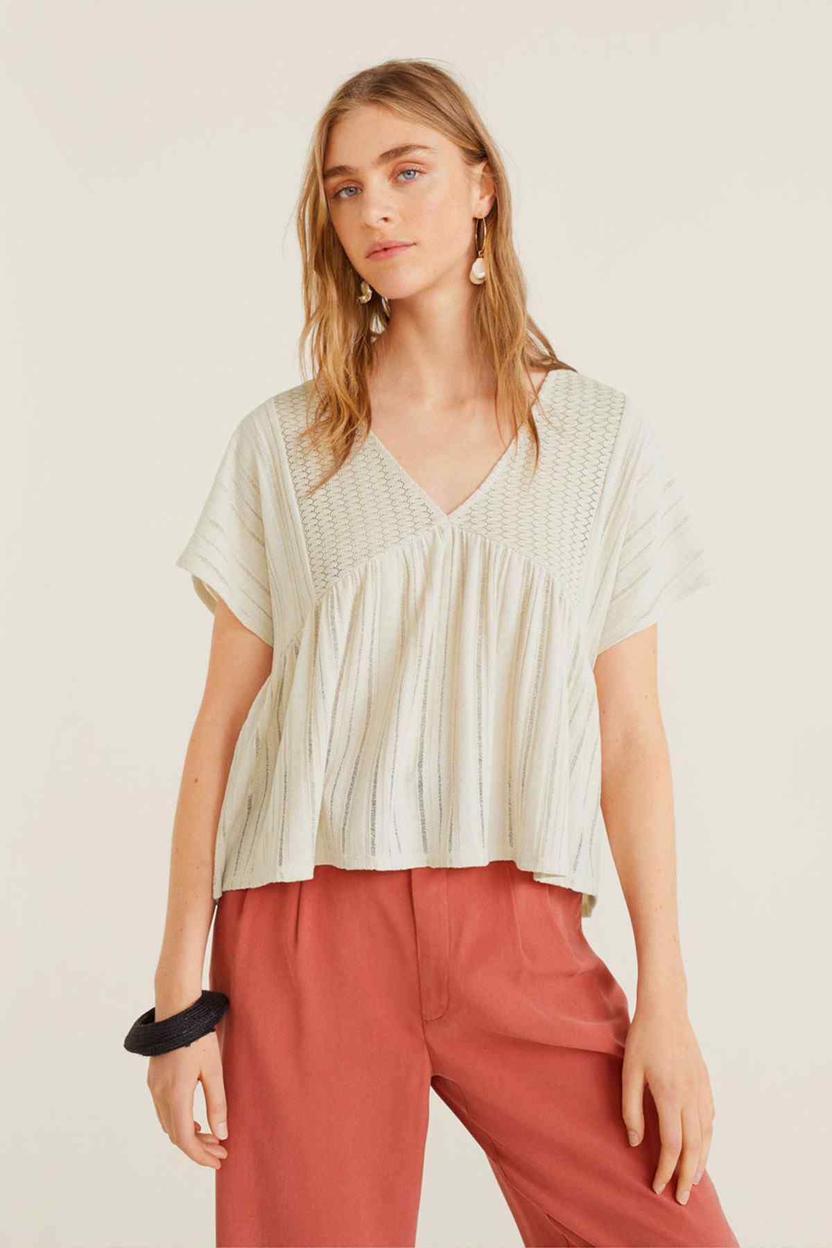 Light grey V-neck gathered short-sleeve blouse, loose fit