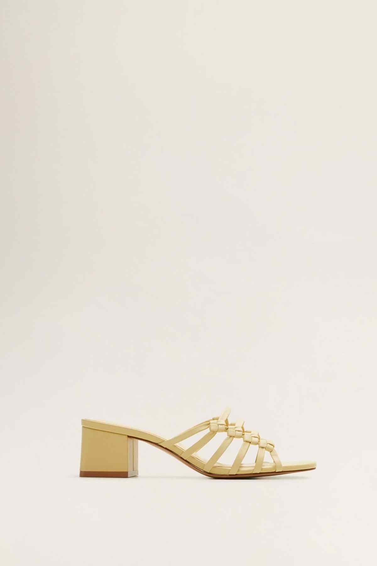 MANGO pastel yellow strappy heeled sandal with block heel and crisscross straps