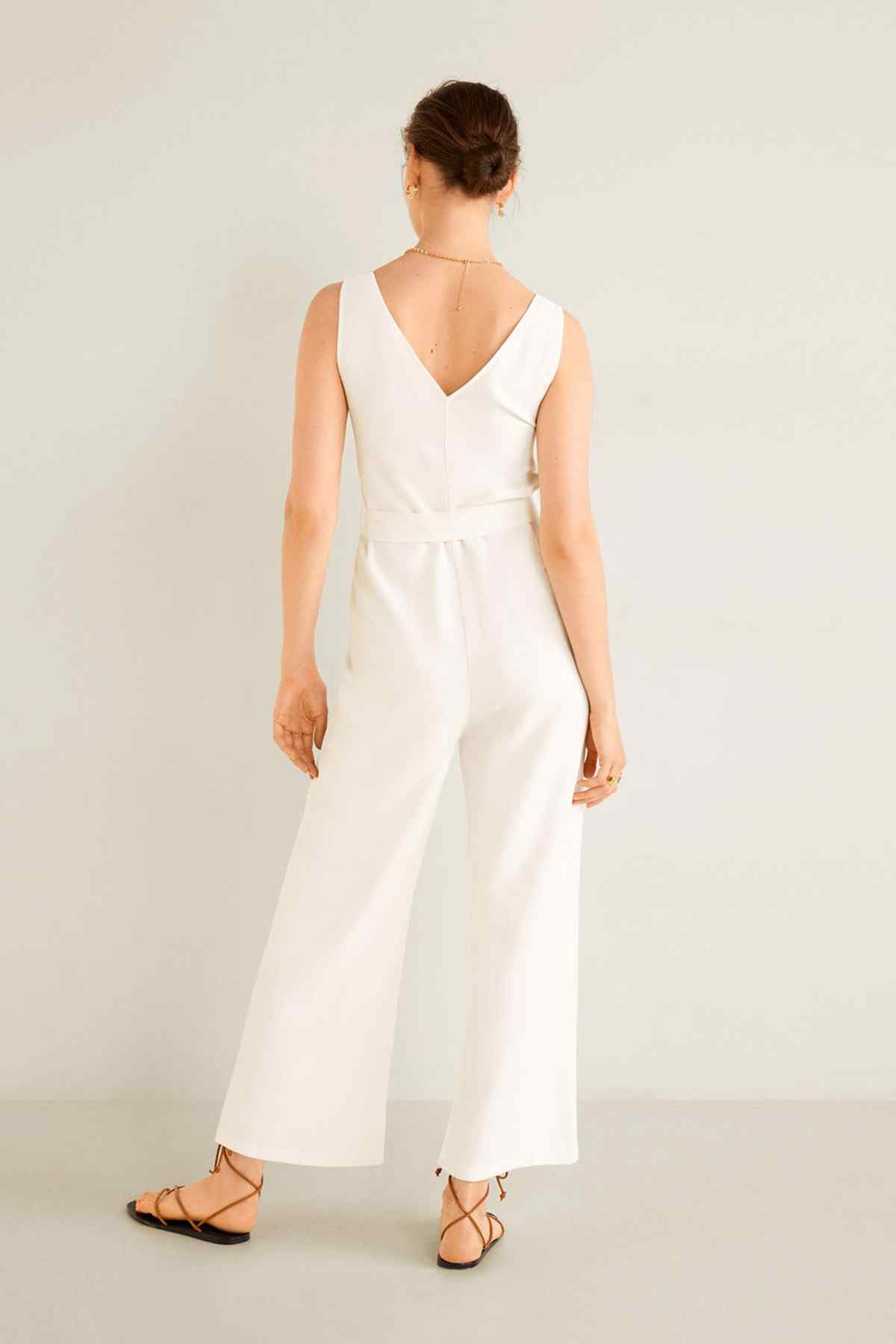 Off-white sleeveless V-back jumpsuit with wide-leg pants