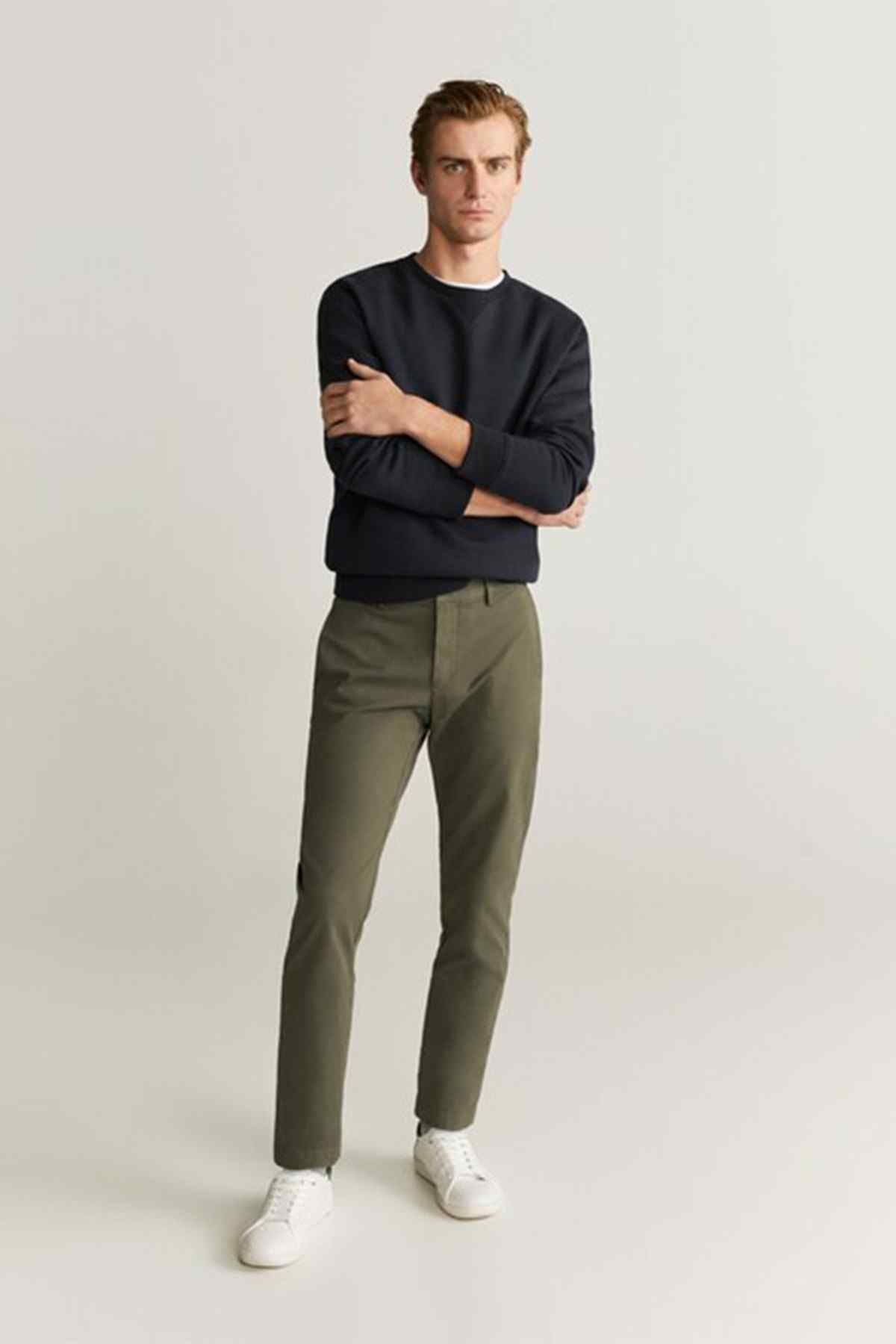 MANGO khaki slim straight-leg trousers with belt loops