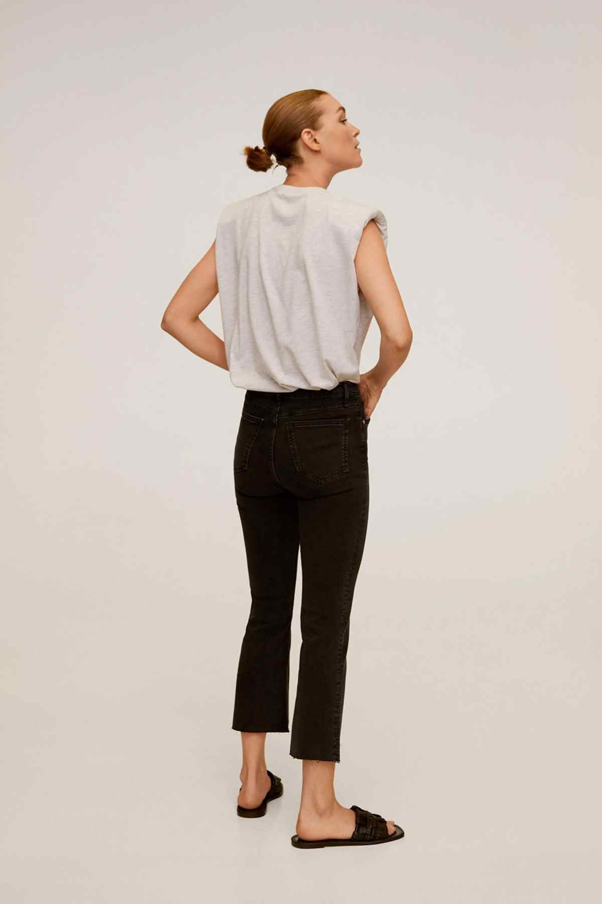 MANGO black denim cropped jeans with back yoke and belt loops, straight leg