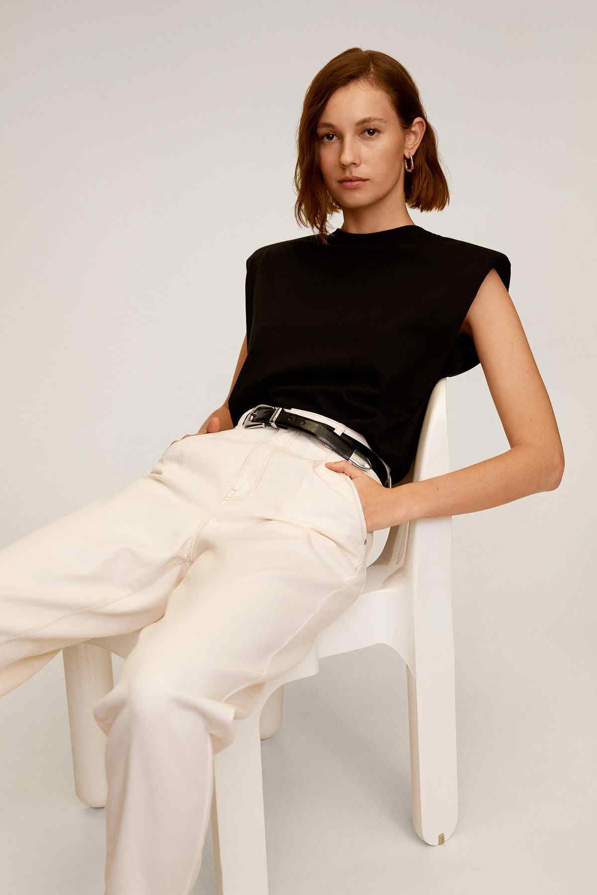 MANGO cream high-waist trousers with belt loops, angled front pockets