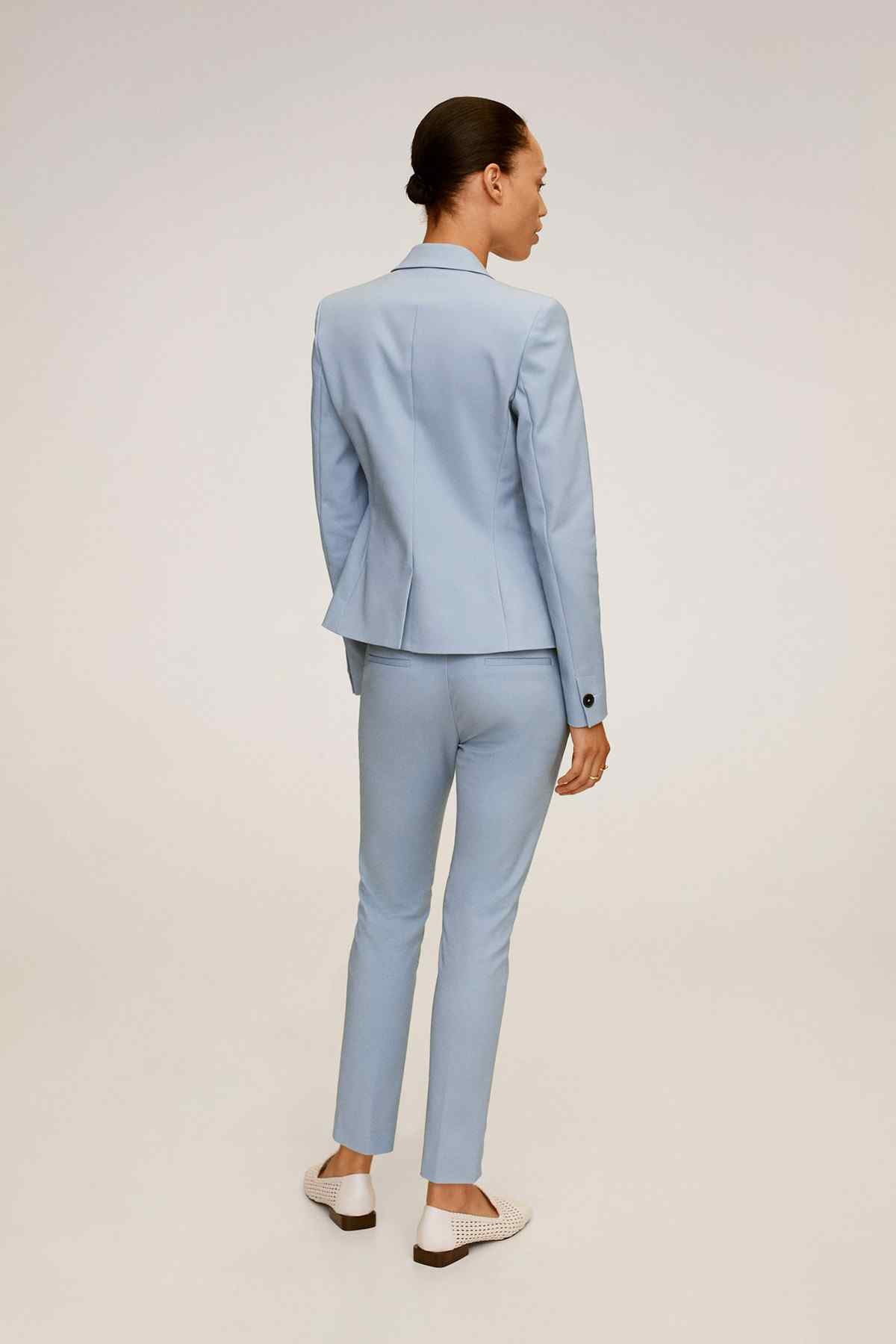 Sky blue tailored suit trousers, slim fit with ankle-length hem