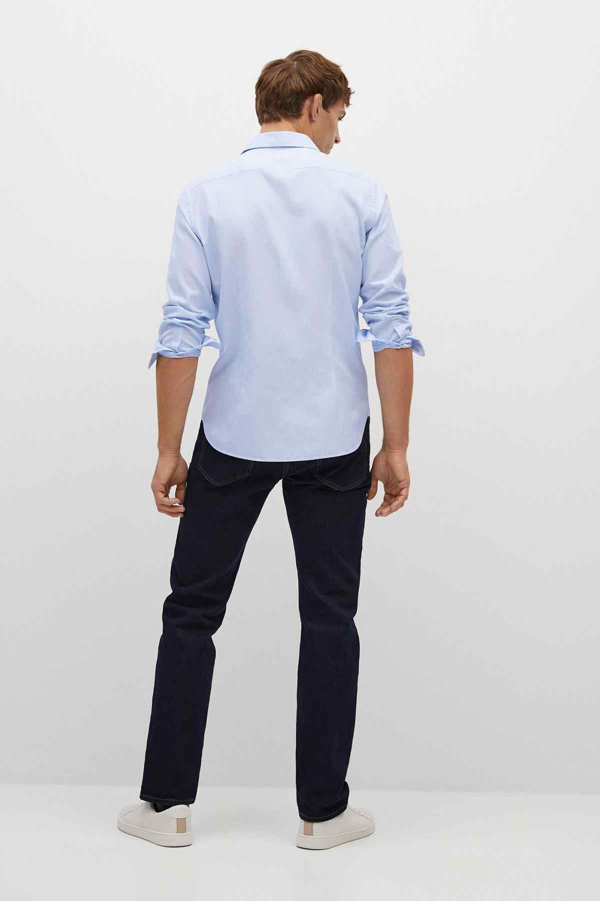 Men's sky blue button-up shirt back view with long sleeves and button cuffs
